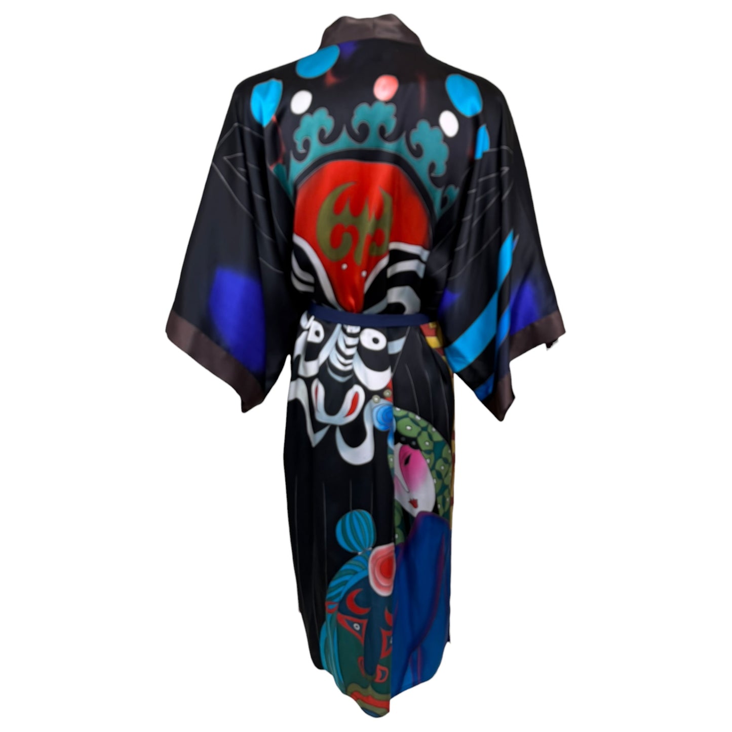 Vintage Zhuang’s Art's Studio Hand-Painted Silk Kimono Robe | Colorful Opera Mask Print