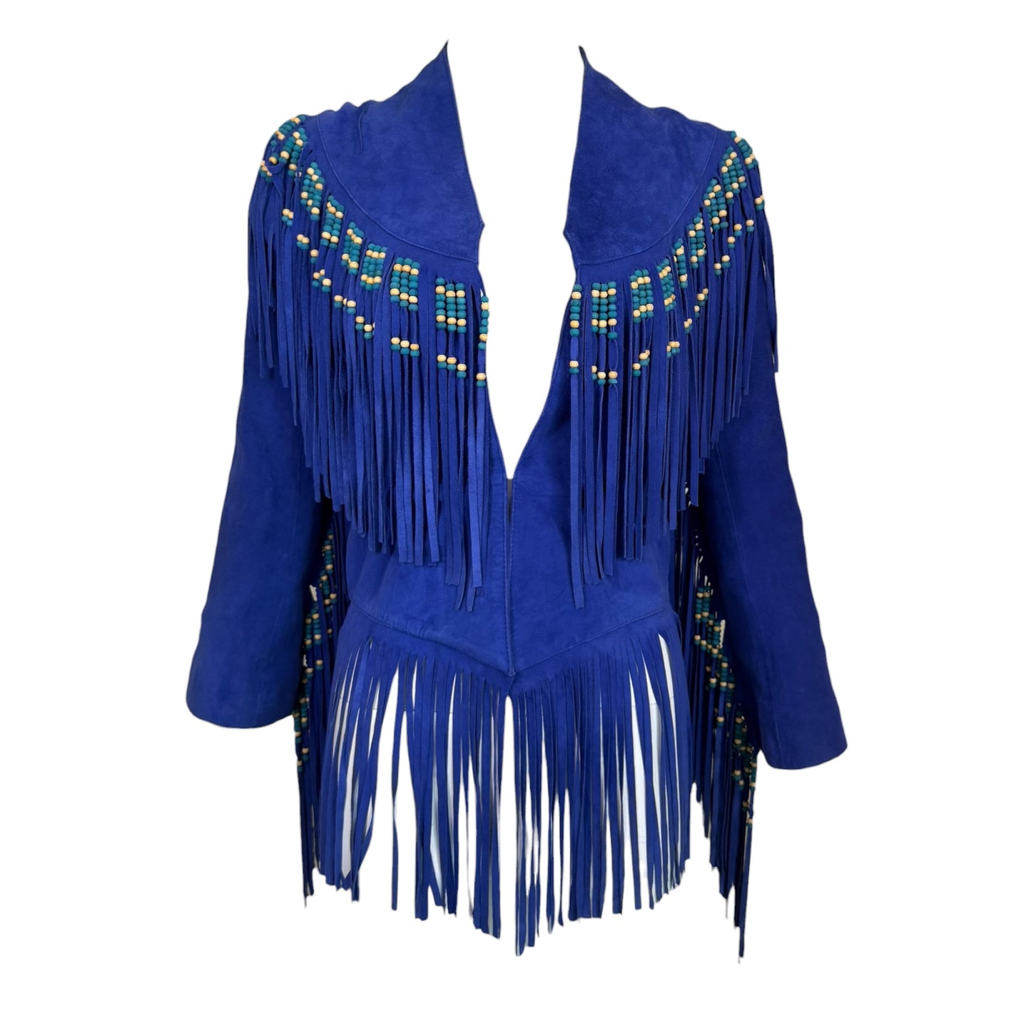 Vintage Spell & The Gypsy Collective Hendrix Lapis Suede Leather Fringe Beaded Jacket Size S/M