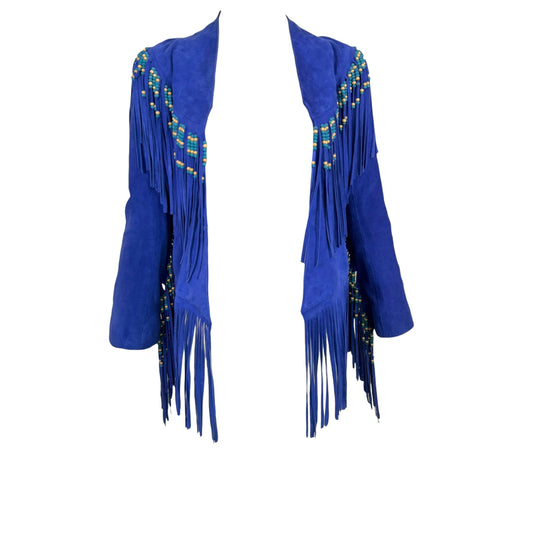 Vintage Spell & The Gypsy Collective Hendrix Lapis Suede Leather Fringe Beaded Jacket Size S/M