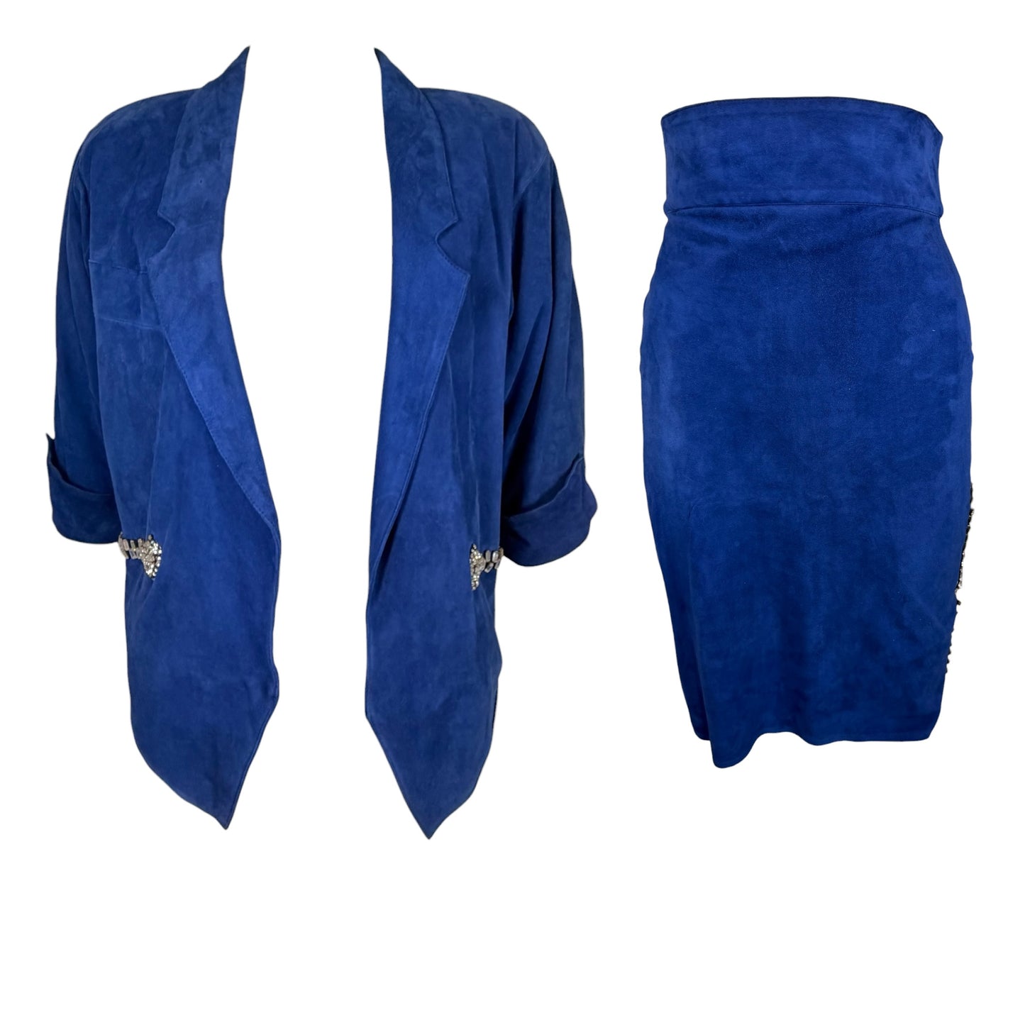 Claude Montana electric blue suede rhinestone skirt suit, jacket back view