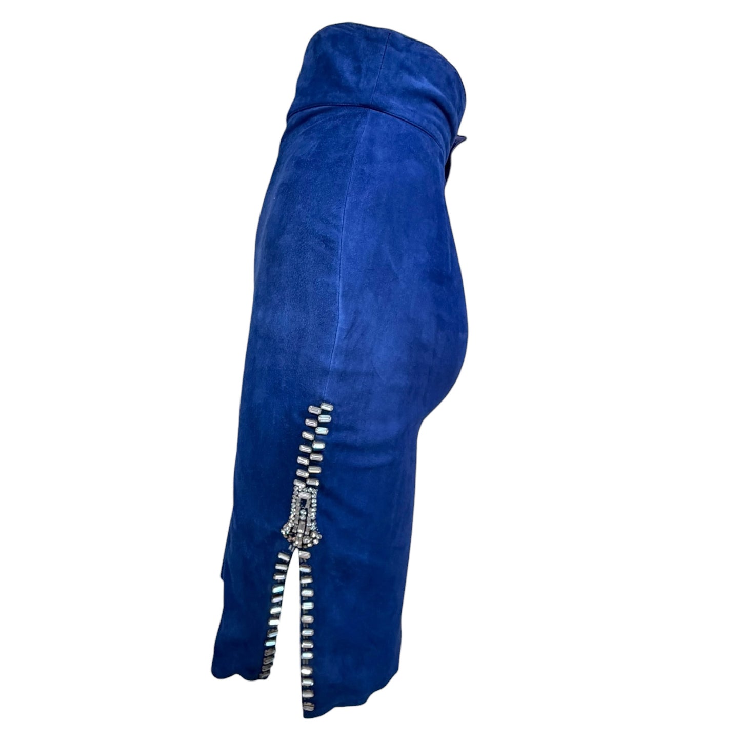 Claude Montana Pour Ideal Cuir 1980s Electric Blue Suede Rhinestone Skirt Suit Set FR 36