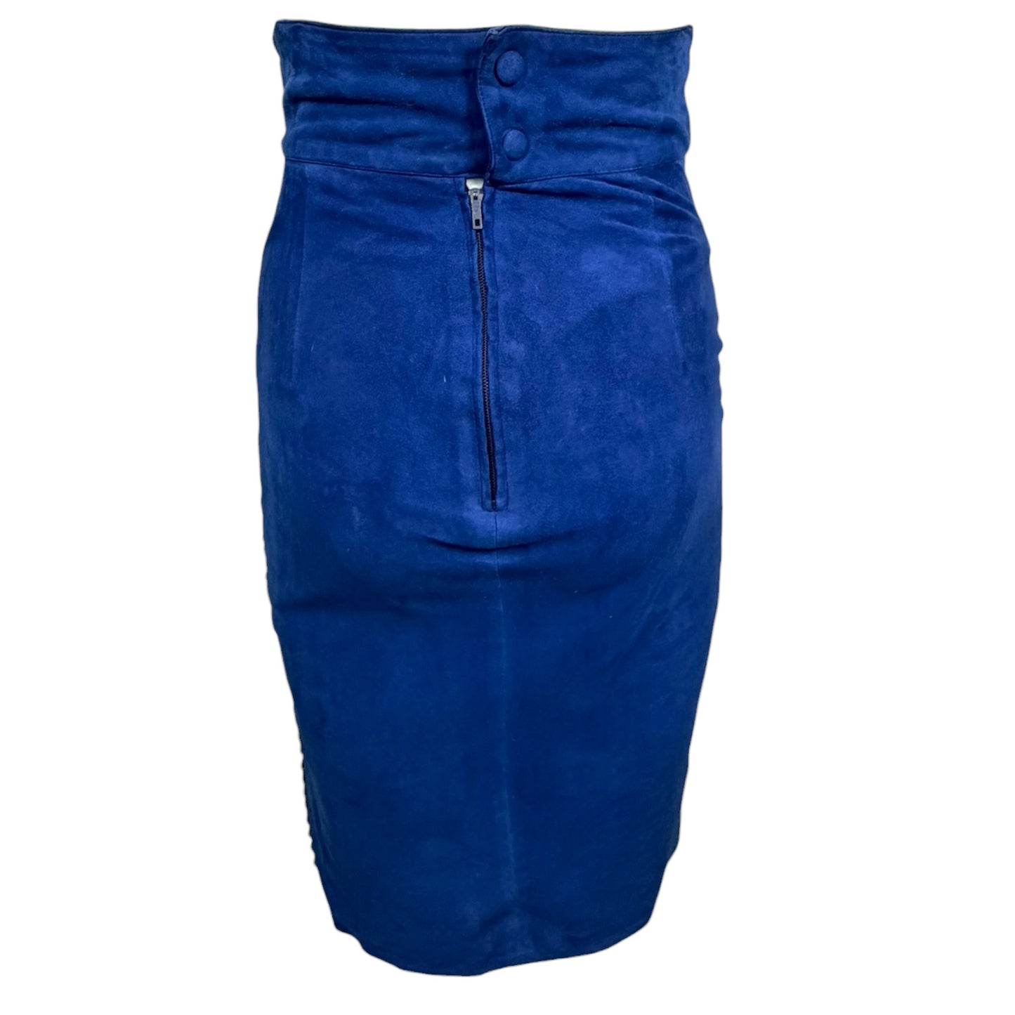 Claude Montana Pour Ideal Cuir 1980s Electric Blue Suede Rhinestone Skirt Suit Set FR 36