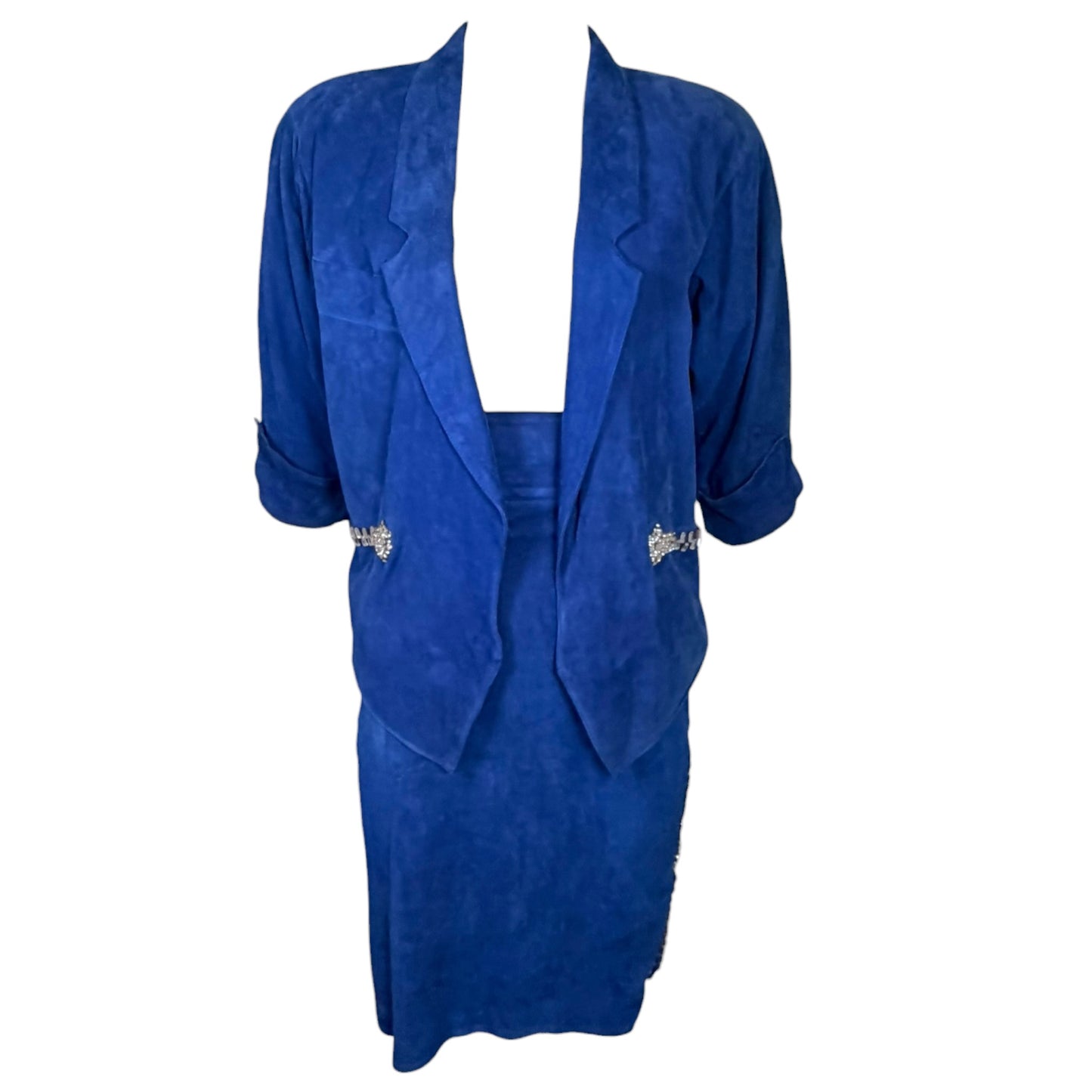 Claude Montana electric blue suede skirt suit, sleeve detail close-up
