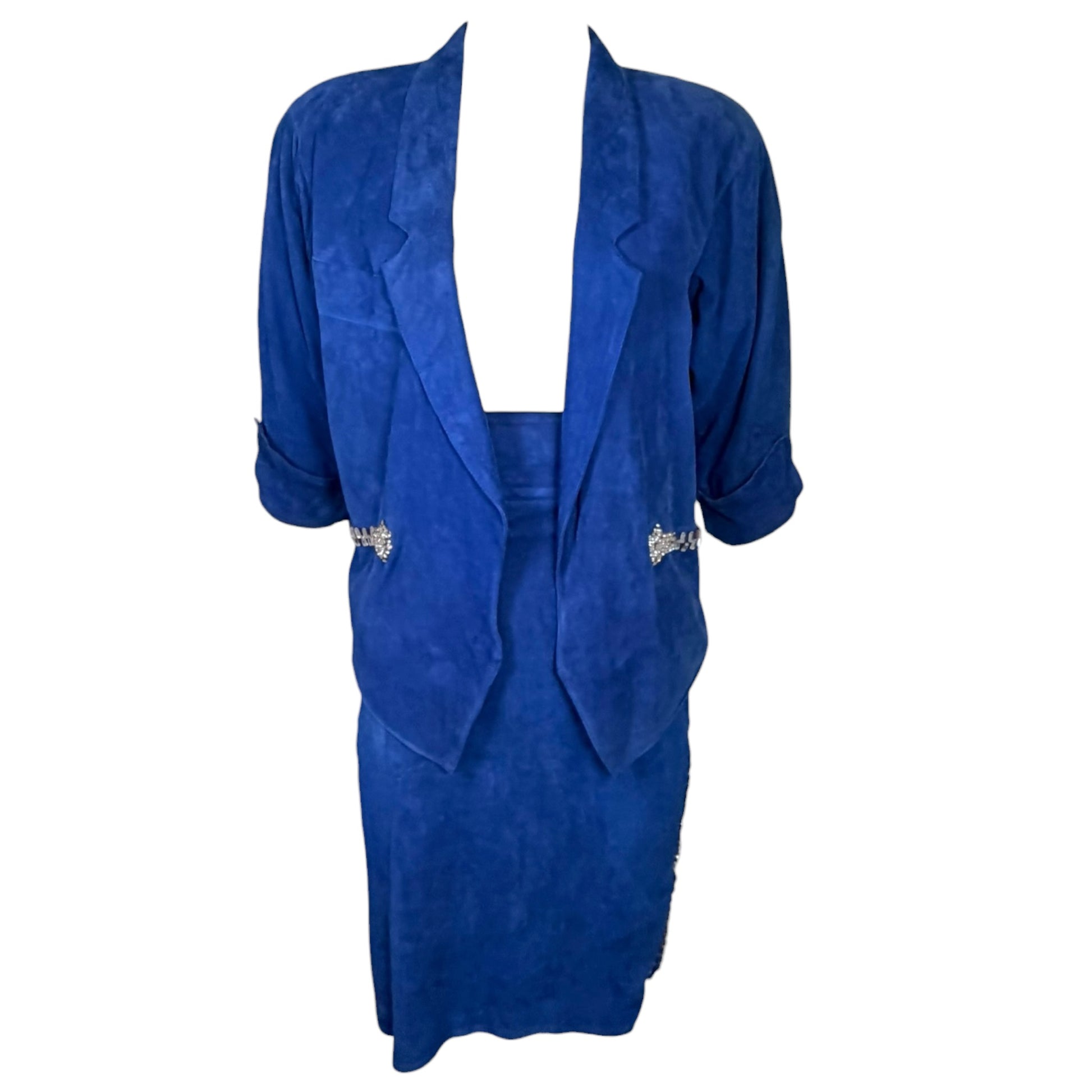 Claude Montana electric blue suede skirt suit, sleeve detail close-up