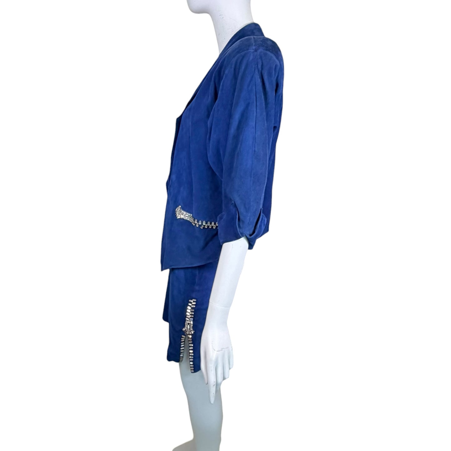 Claude Montana Pour Ideal Cuir 1980s Electric Blue Suede Rhinestone Skirt Suit Set FR 36