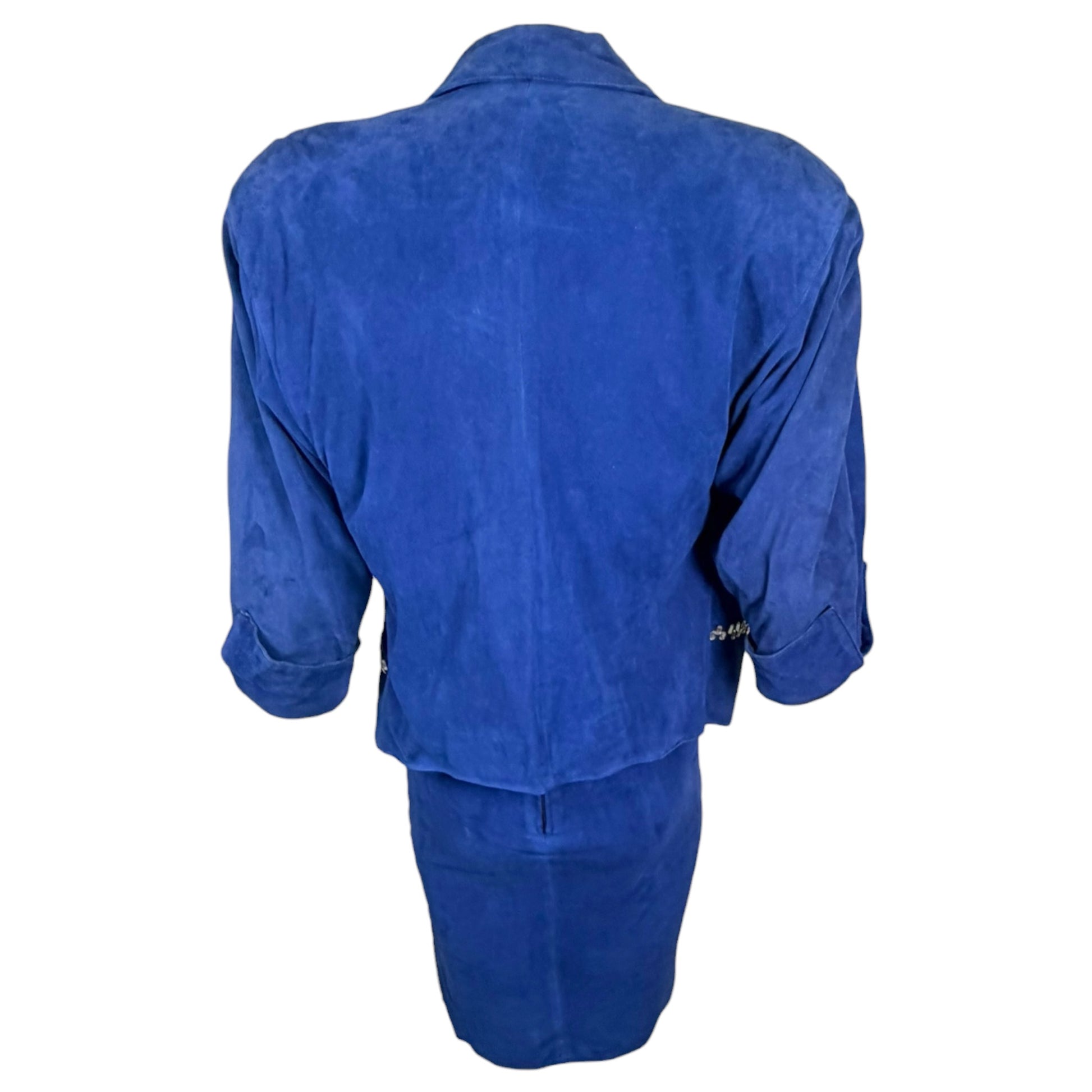 Claude Montana electric blue suede skirt suit, full set styled