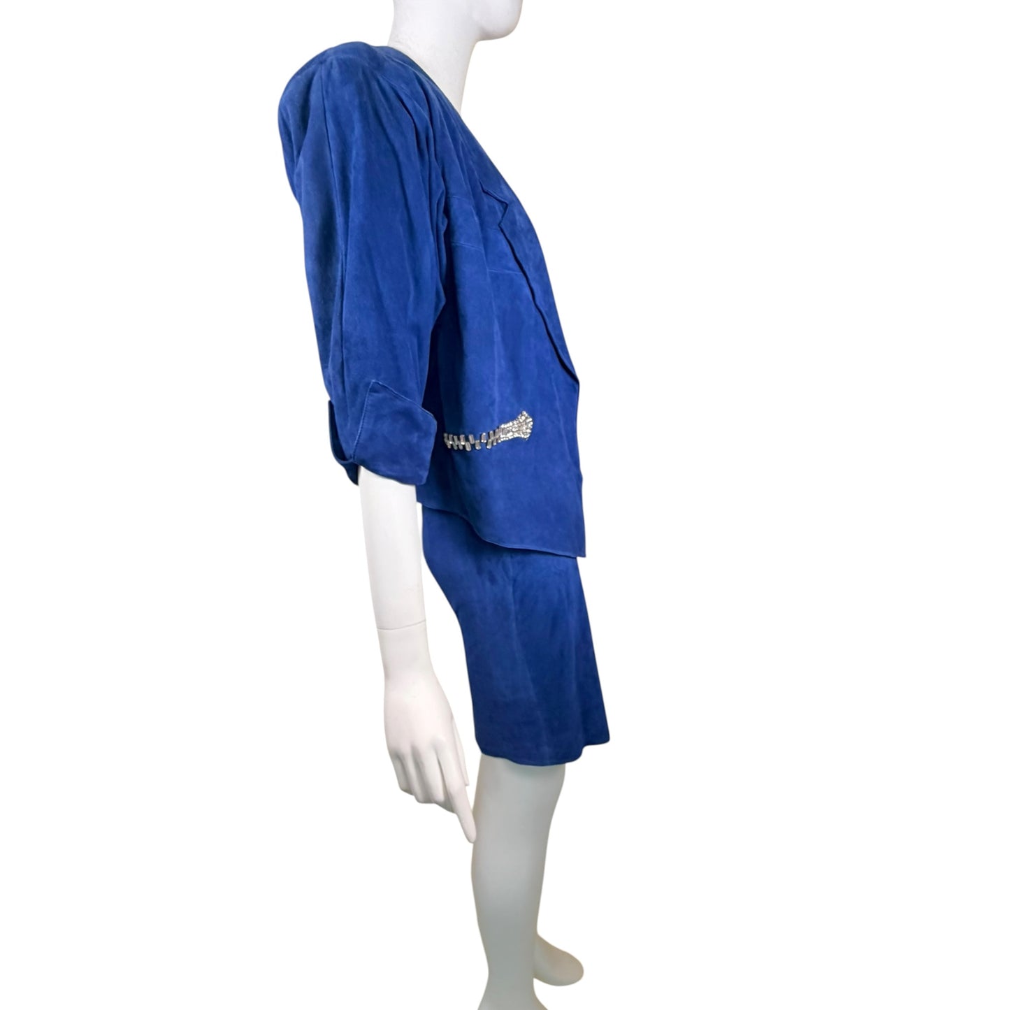 Claude Montana electric blue suede skirt suit, interior label close-up