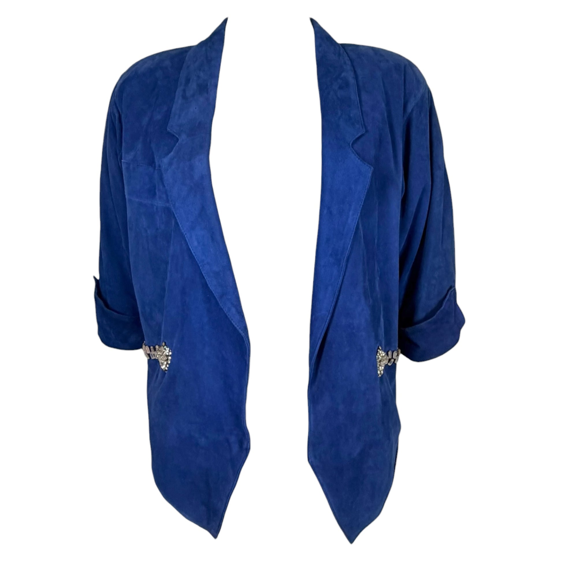 Claude Montana electric blue suede skirt suit, skirt front view
