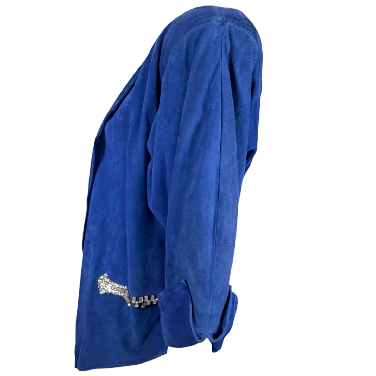 Claude Montana electric blue suede skirt suit, collar detail close-up