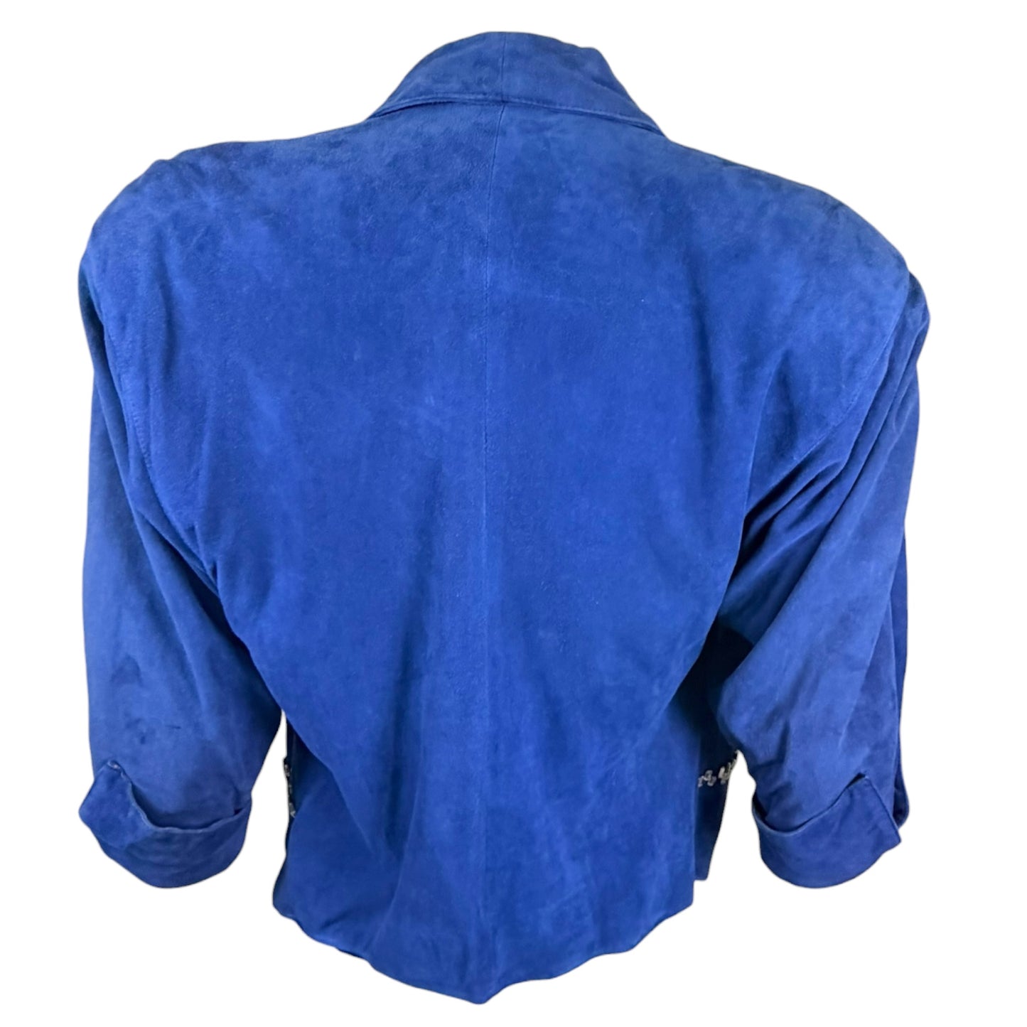 Claude Montana electric blue suede skirt suit, suede texture close-up