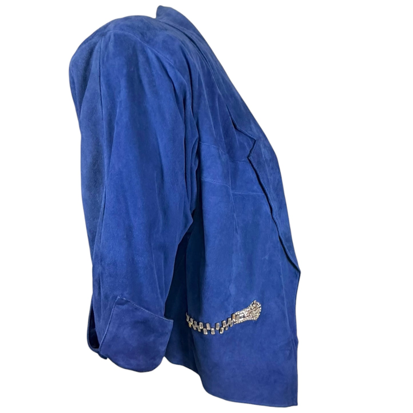 Claude Montana electric blue suede skirt suit, rhinestone detail close-up