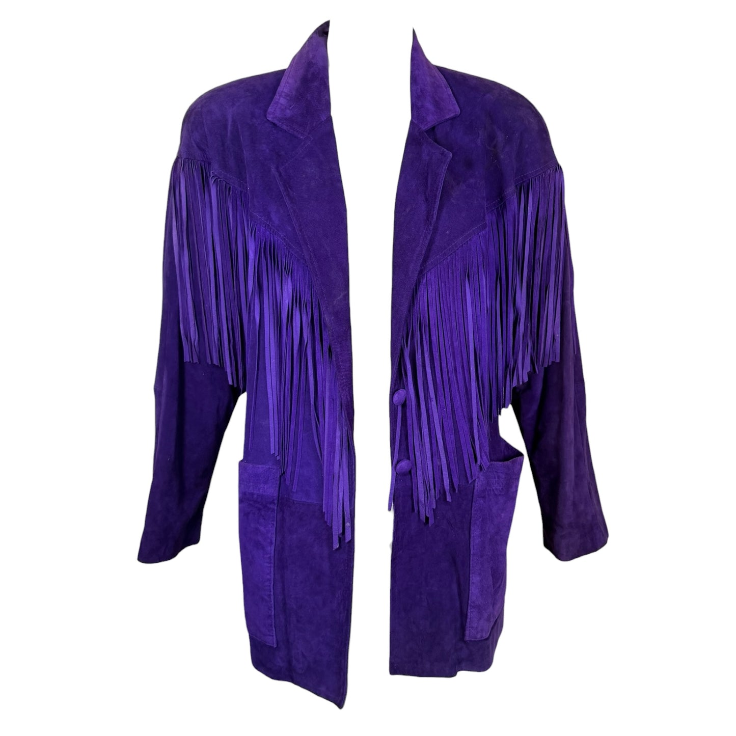 Vintage Lotus 1980s Purple Suede Fringe Jacket with Shoulder Pads Size Medium