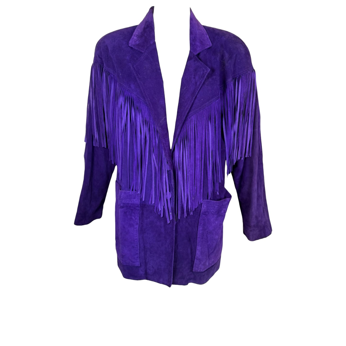 Vintage Lotus 1980s Purple Suede Fringe Jacket with Shoulder Pads Size Medium