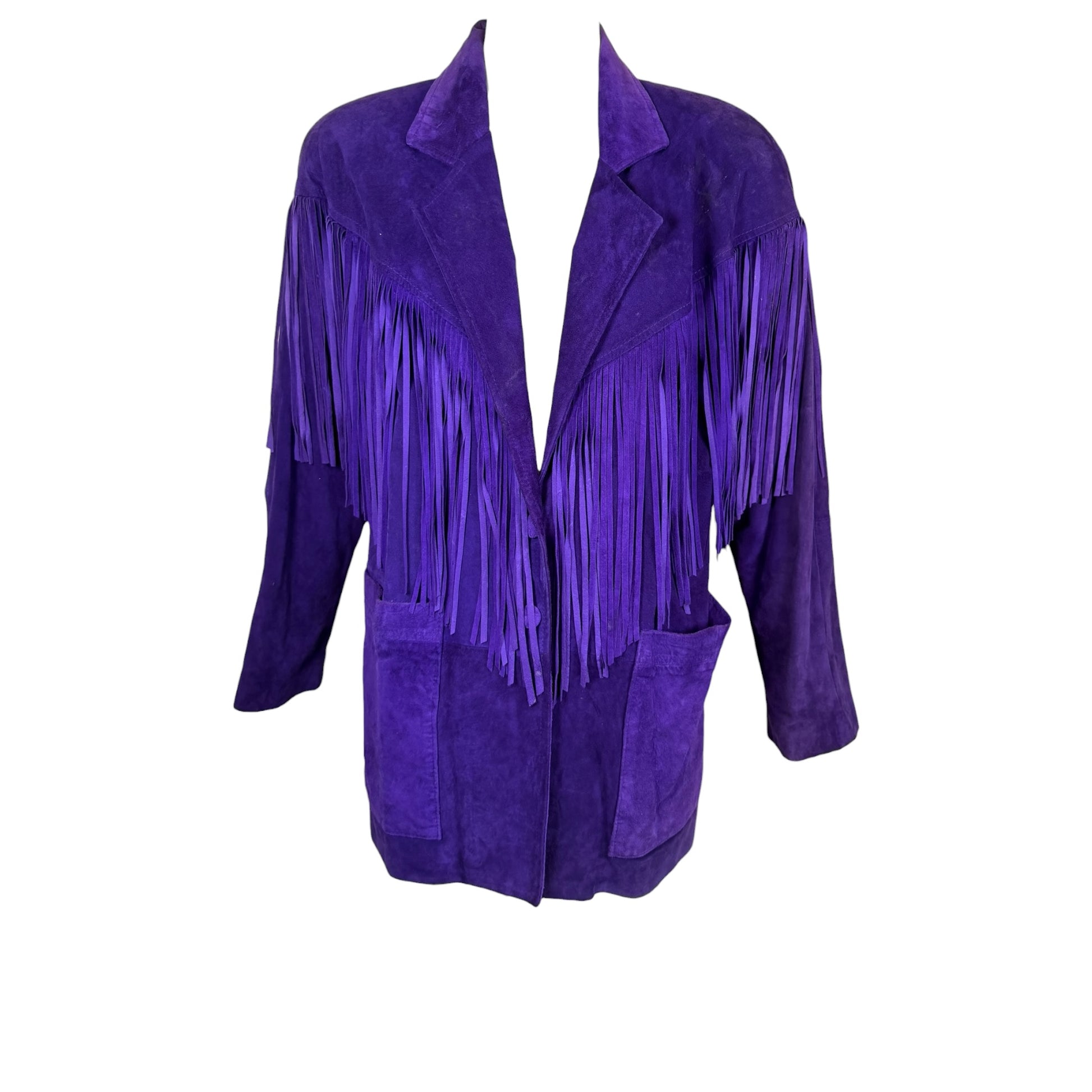 Vintage Lotus 1980s Purple Suede Fringe Jacket with Shoulder Pads Size Medium