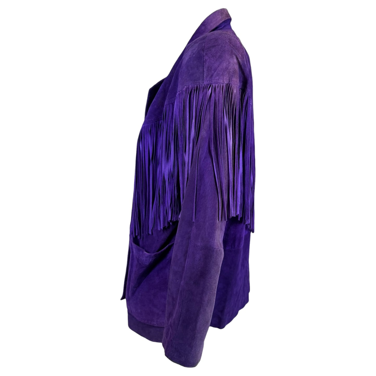 Vintage Lotus 1980s Purple Suede Fringe Jacket with Shoulder Pads Size Medium