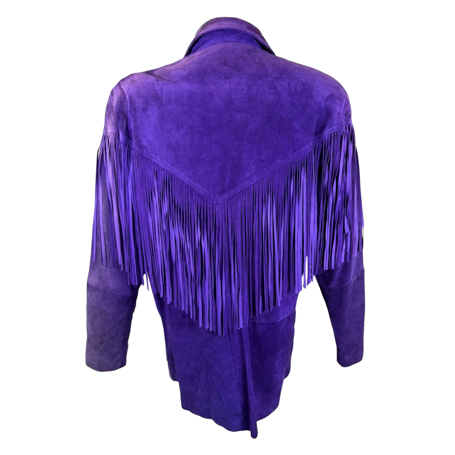 Vintage Lotus 1980s Purple Suede Fringe Jacket with Shoulder Pads Size Medium