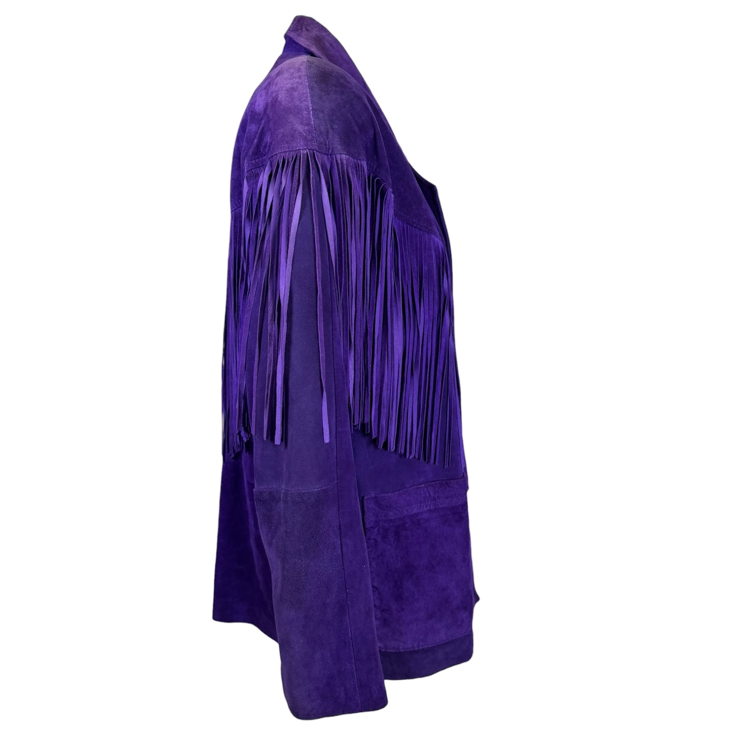 Vintage Lotus 1980s Purple Suede Fringe Jacket with Shoulder Pads Size Medium