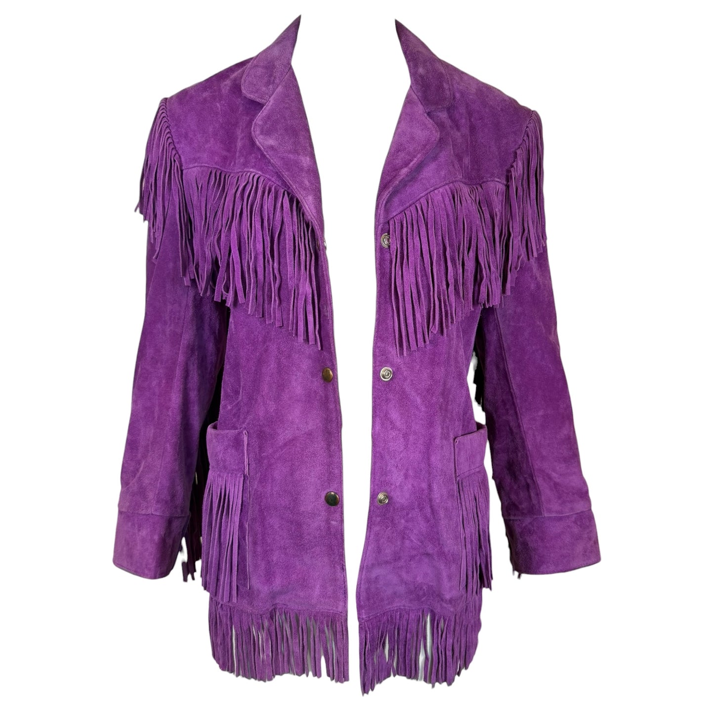 Vintage Vakko 1970s purple suede fringe jacket, back view