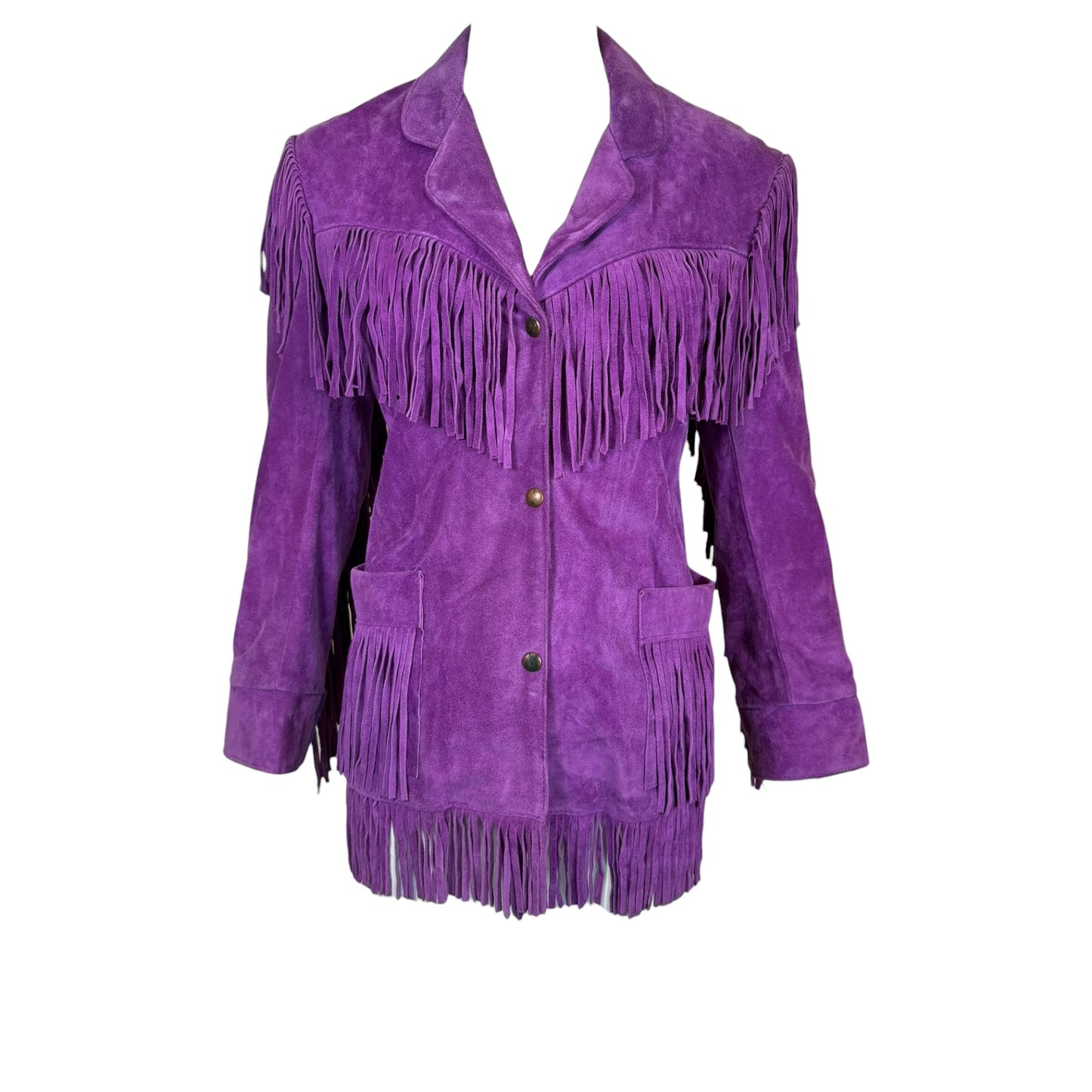 Vintage Vakko 1970s purple suede fringe jacket, front view