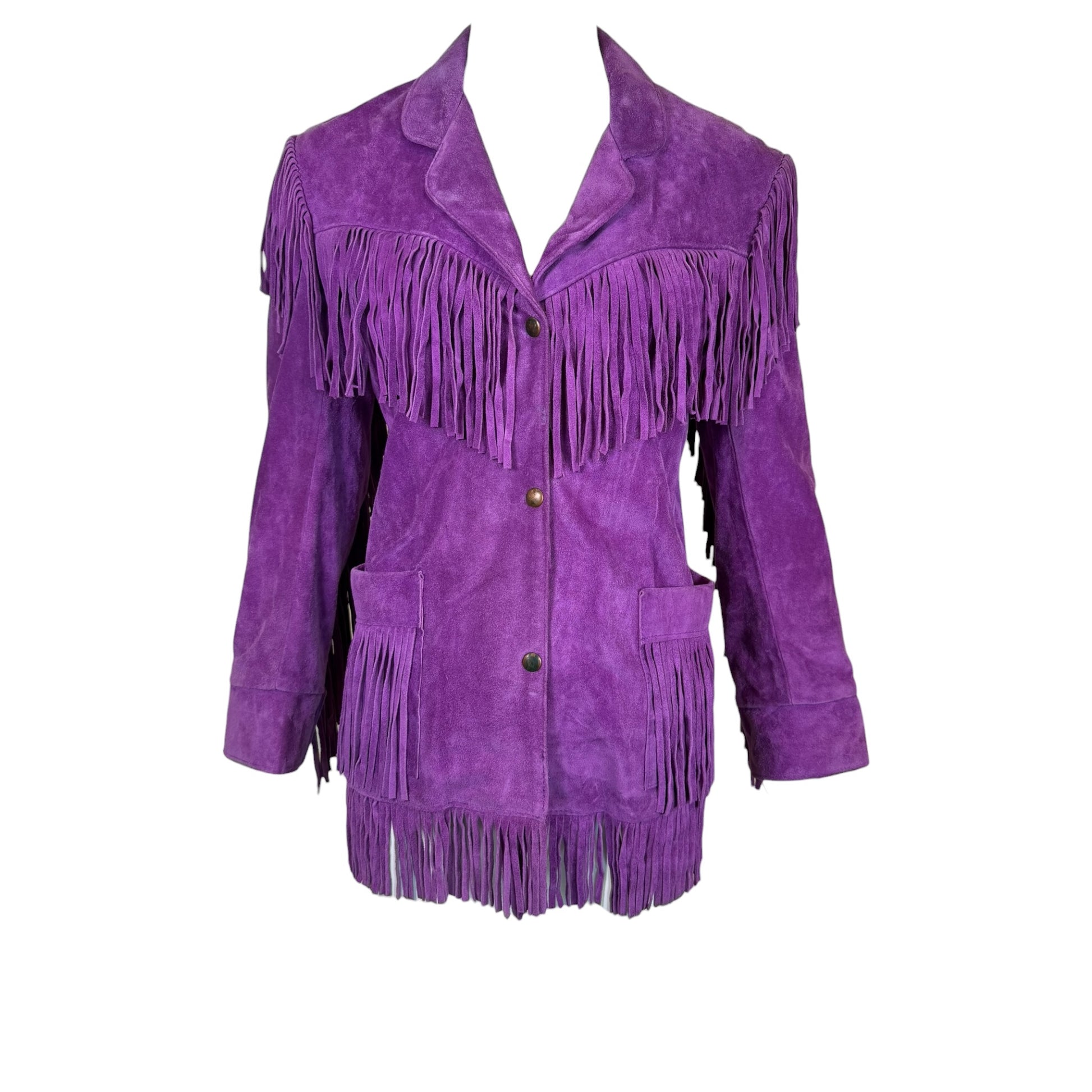 Vintage Vakko 1970s purple suede fringe jacket, front view