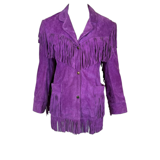 Vintage Vakko 1970s purple suede fringe jacket, front view