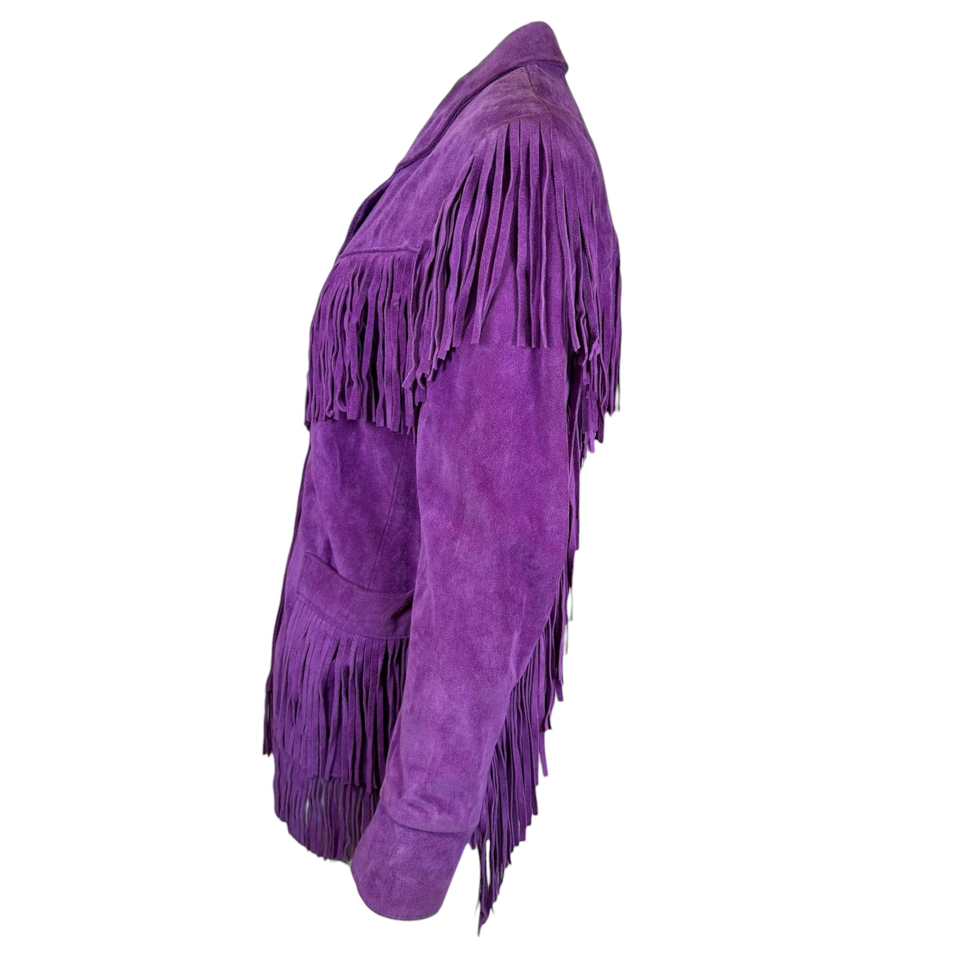 Vintage Vakko purple suede fringe jacket, button detail close-up