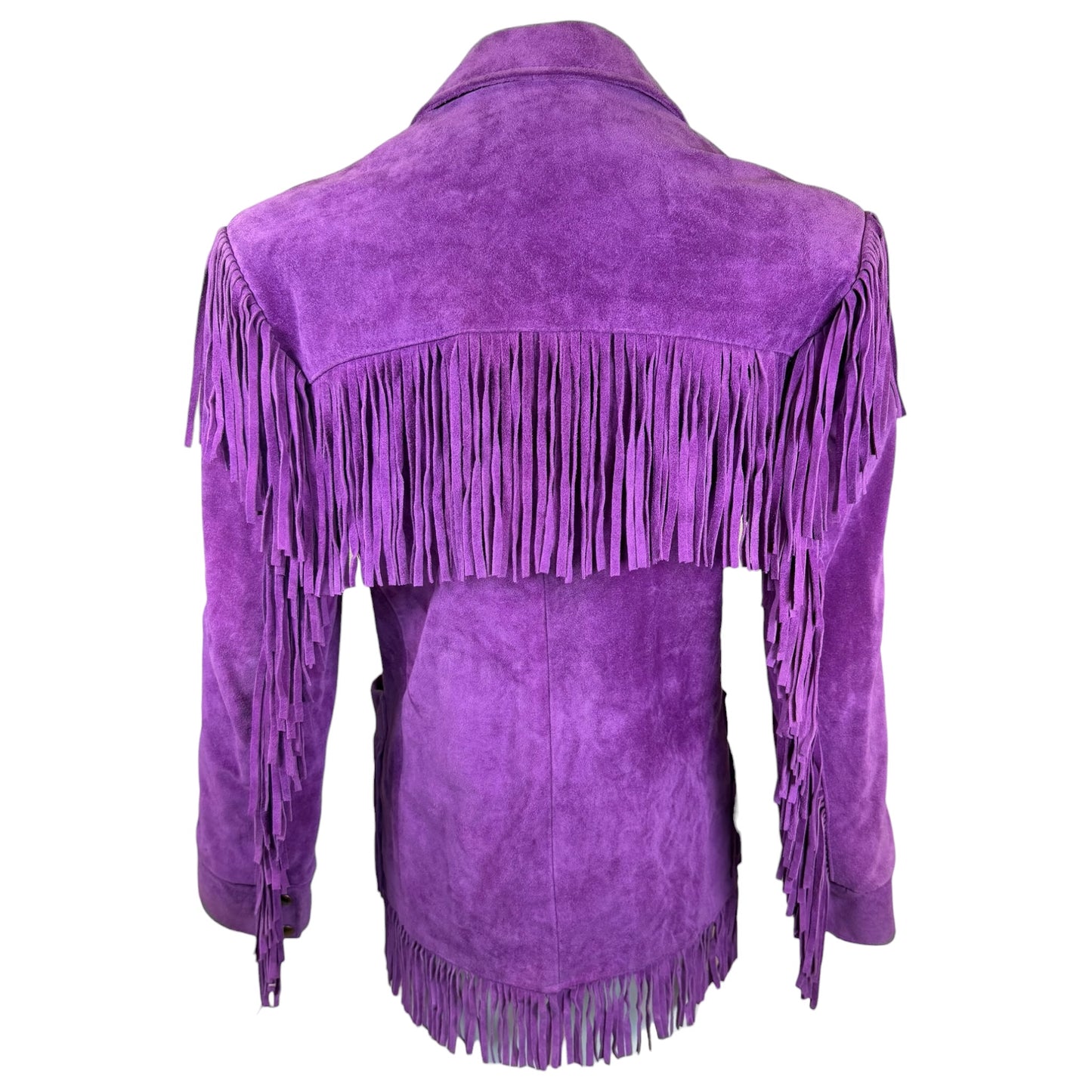 Vintage Vakko purple suede fringe jacket, side view