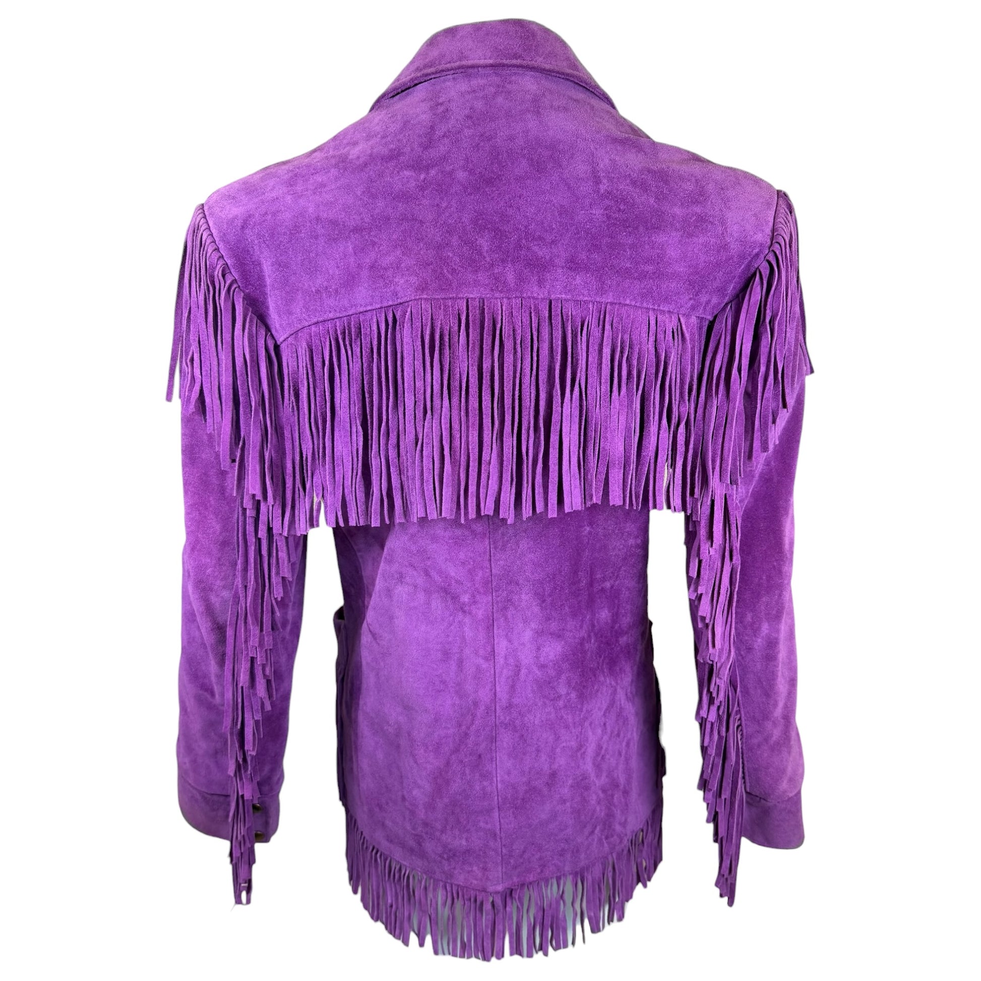 Vintage Vakko purple suede fringe jacket, side view