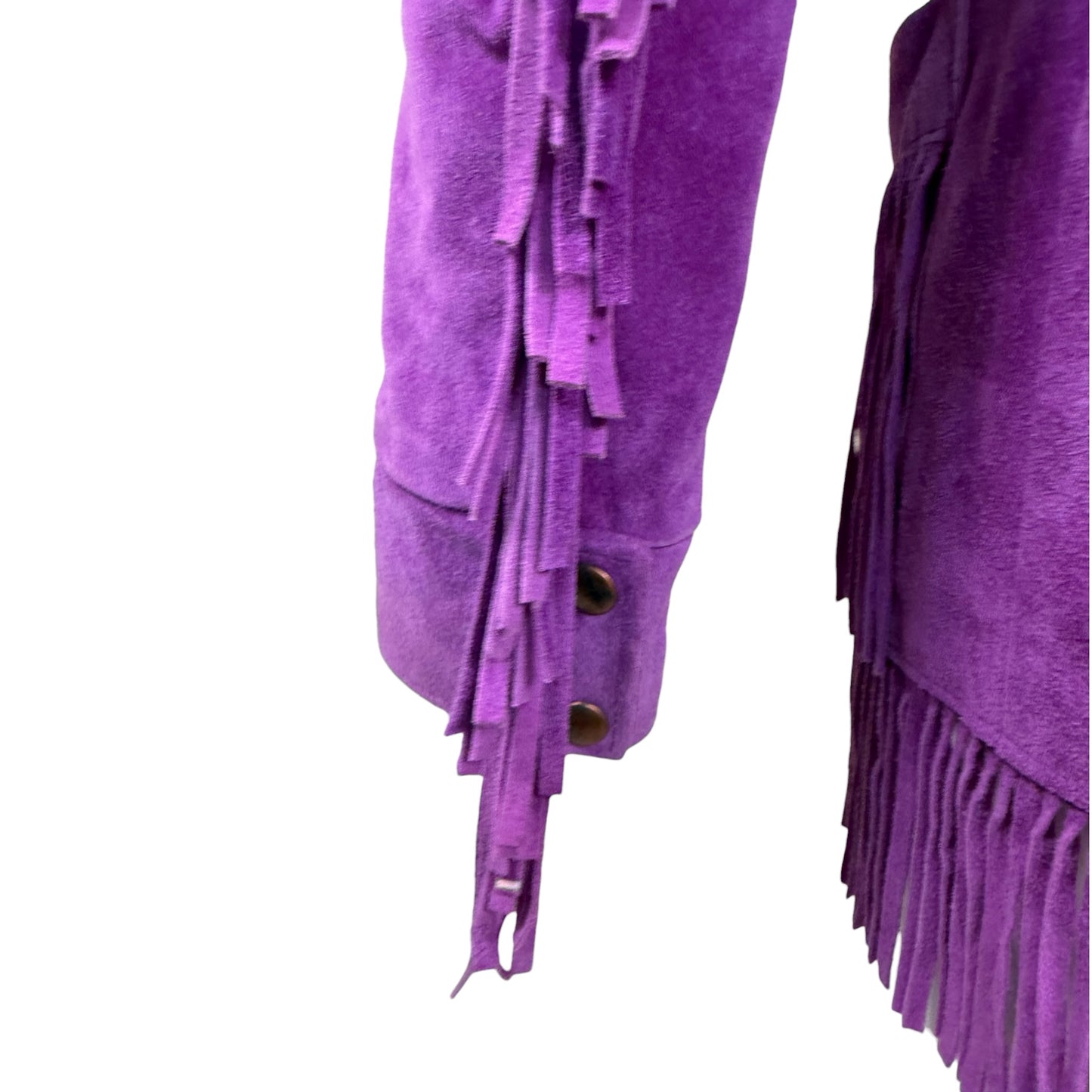 Vintage Vakko purple suede fringe jacket, collar detail close-up