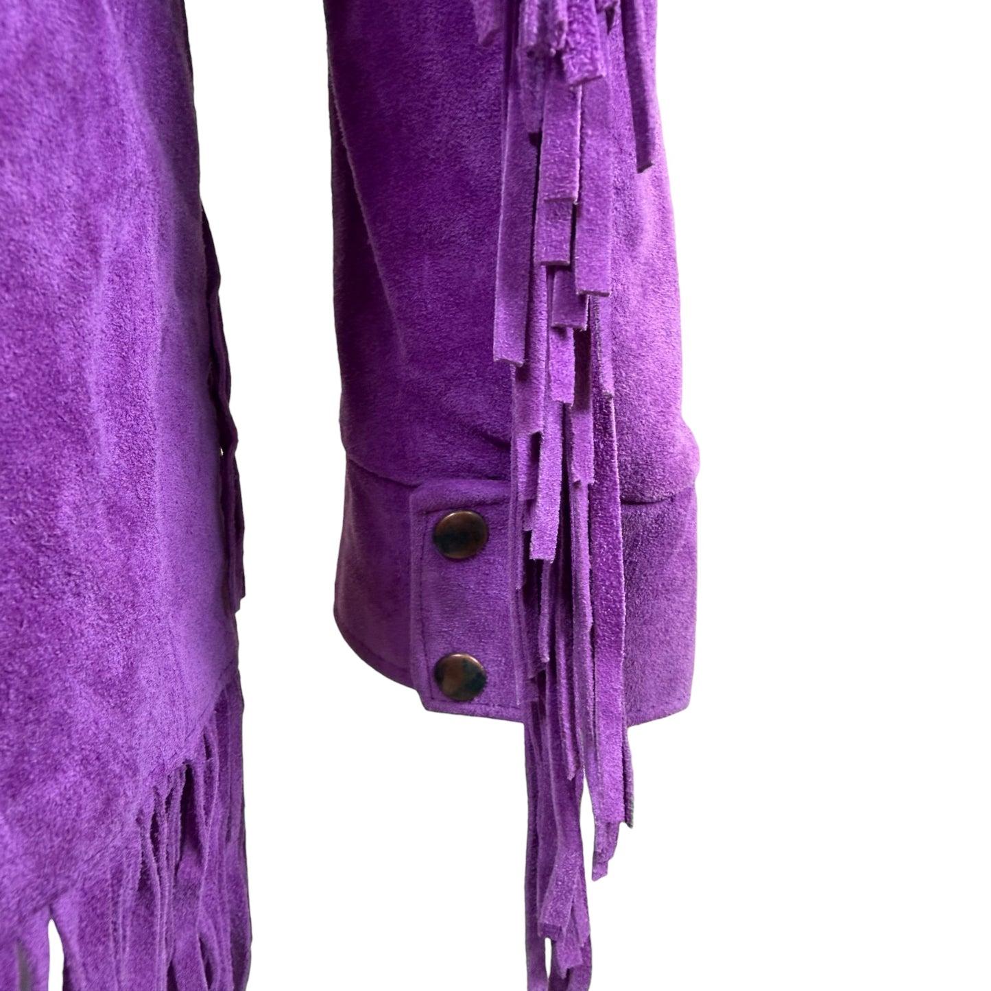 Vintage Vakko purple suede fringe jacket, interior label close-up