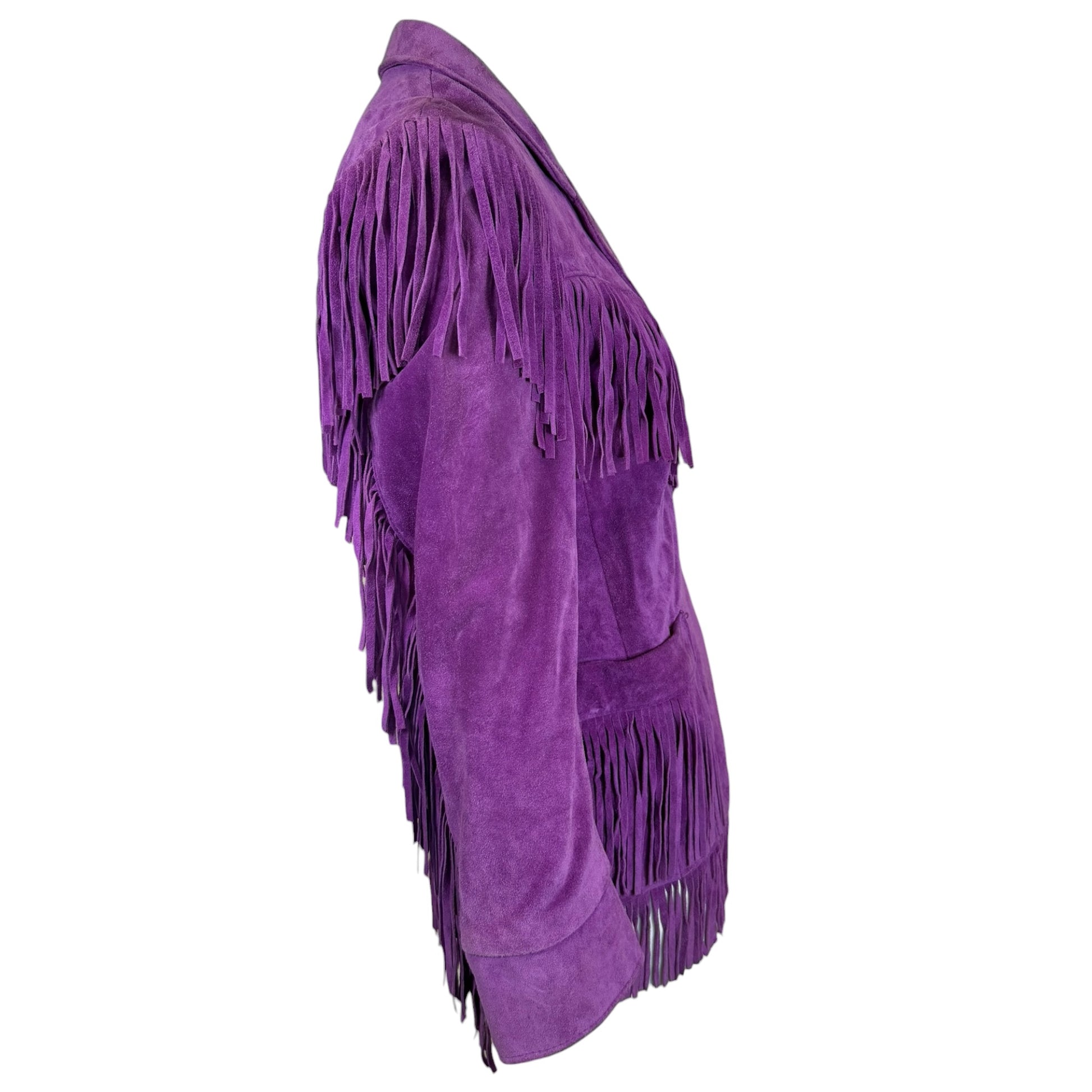 Vintage Vakko purple suede fringe jacket, fringe detail close-up