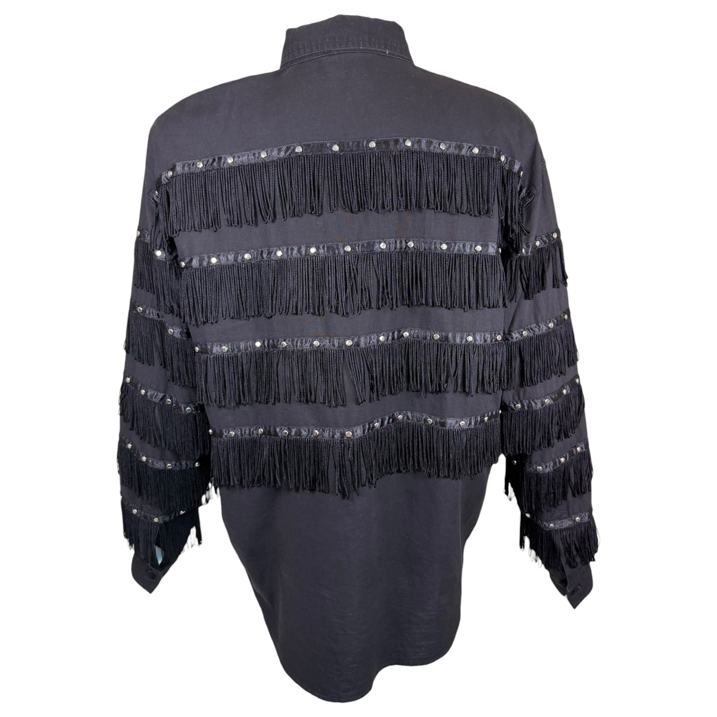 Vintage 1993 KZK Black Western Fringe Studded Button-Up Shirt Size Medium