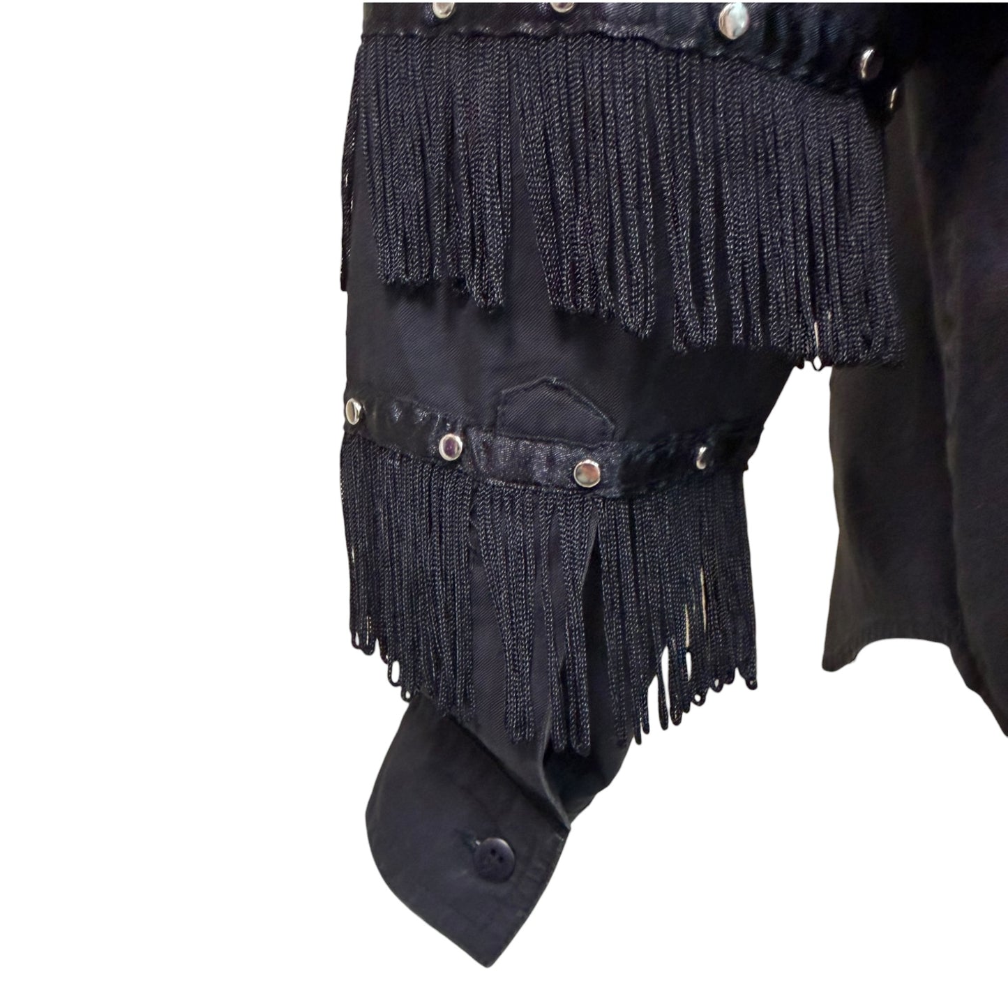 Vintage 1993 KZK Black Western Fringe Studded Button-Up Shirt Size Medium