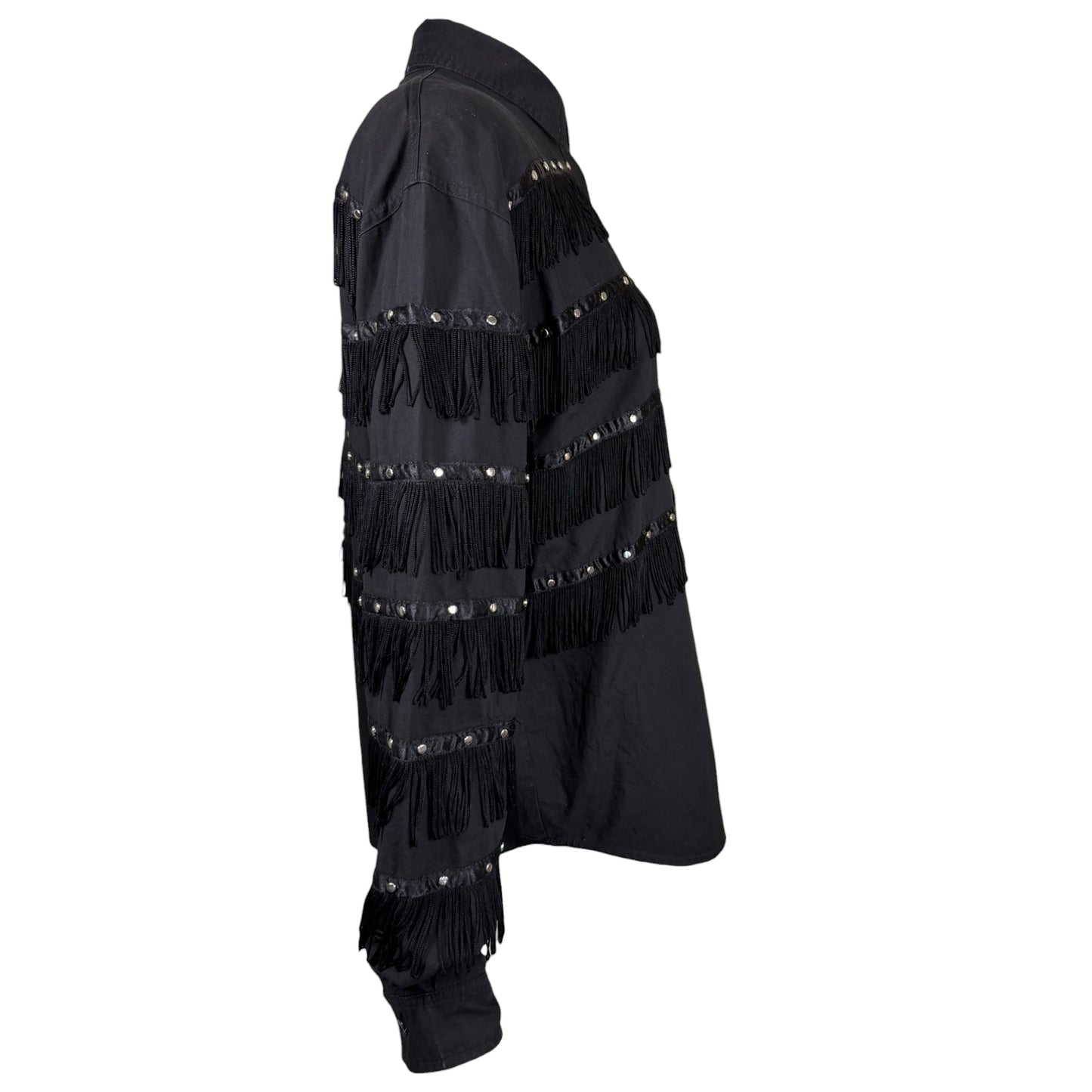 Vintage 1993 KZK Black Western Fringe Studded Button-Up Shirt Size Medium