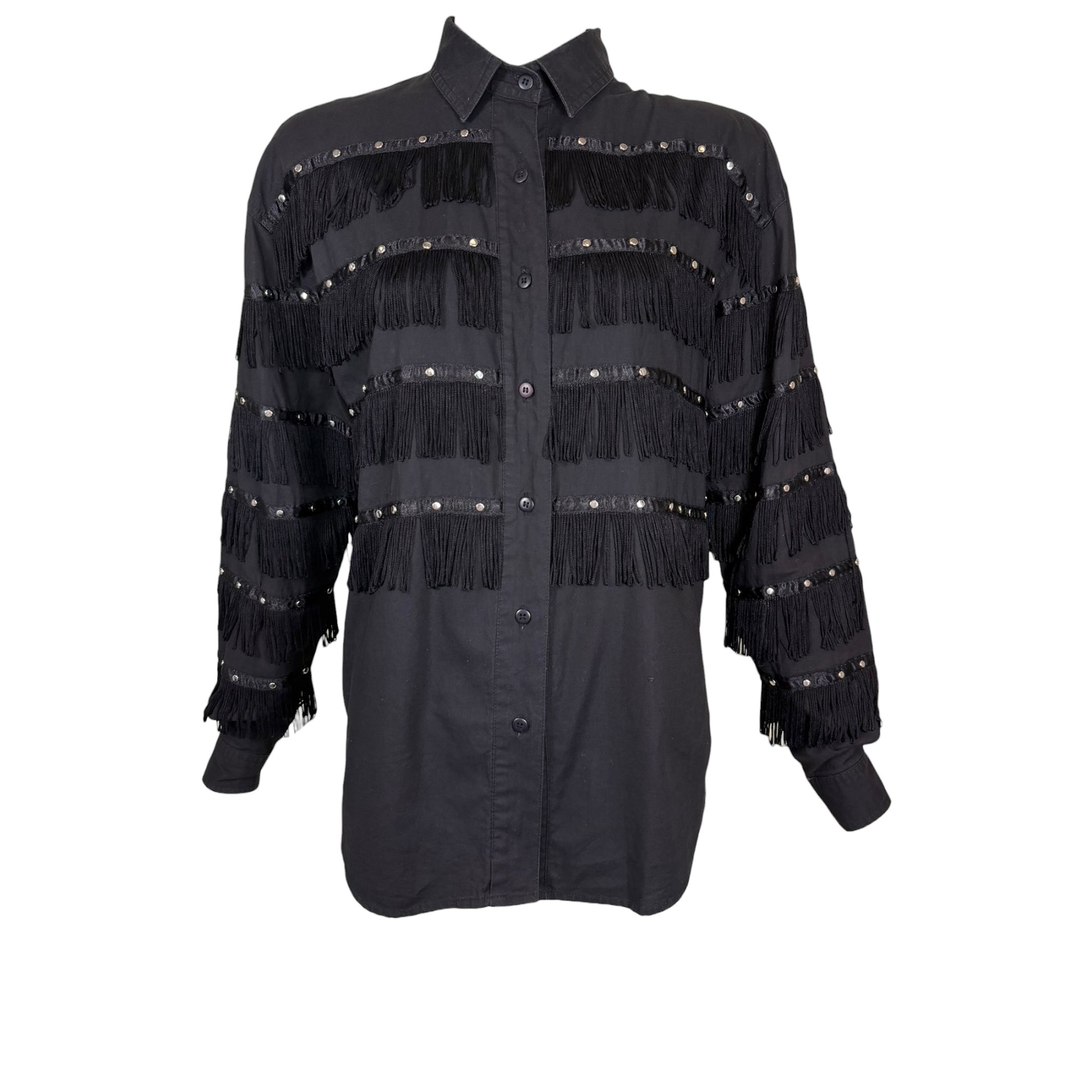 Vintage 1993 KZK Black Western Fringe Studded Button-Up Shirt Size Medium