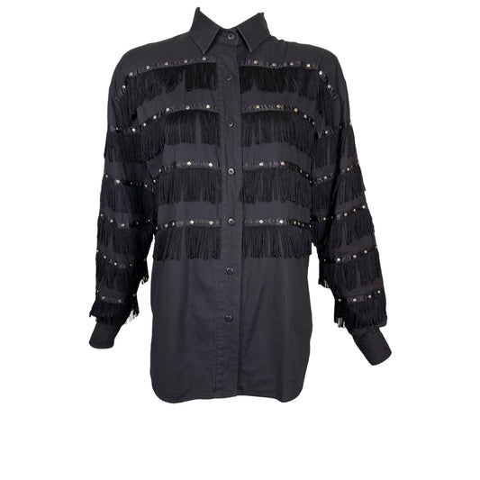 Vintage 1993 KZK Black Western Fringe Studded Button-Up Shirt Size Medium