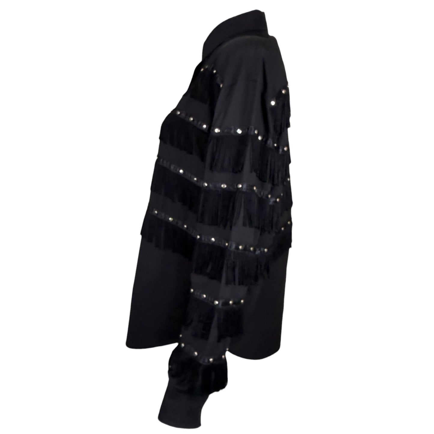 Vintage 1993 KZK Black Western Fringe Studded Button-Up Shirt Size Medium