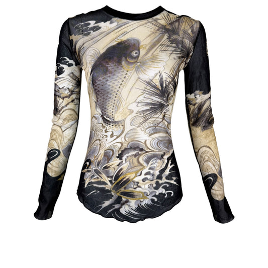 Vintage Jean Paul Gaultier 1990s Soleil Koi Fish Tattoo Mesh Top NWT Size Large