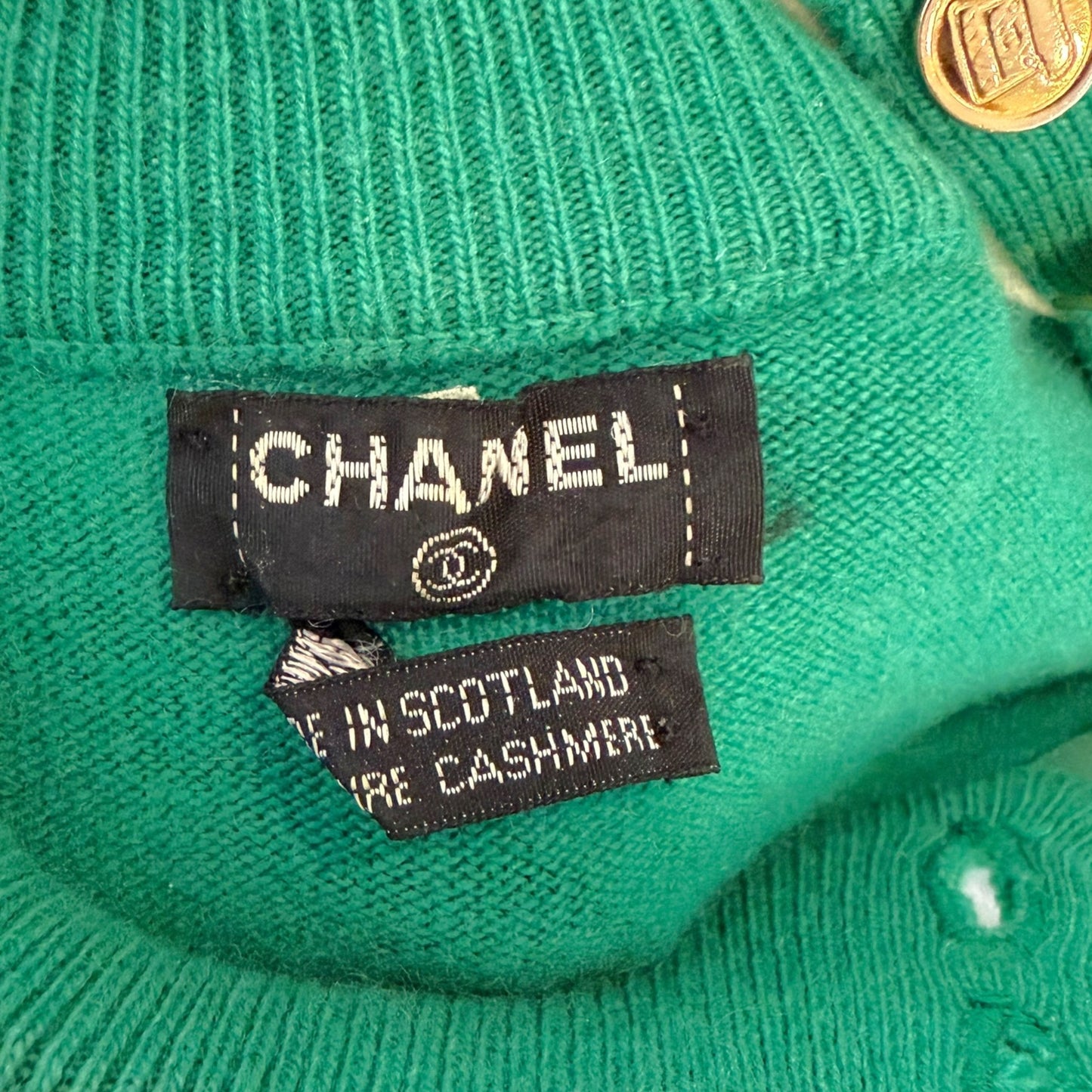 Vintage Chanel Emerald Green Pure Cashmere Mock Neck Sweater with Gold Logo Buttons Size M