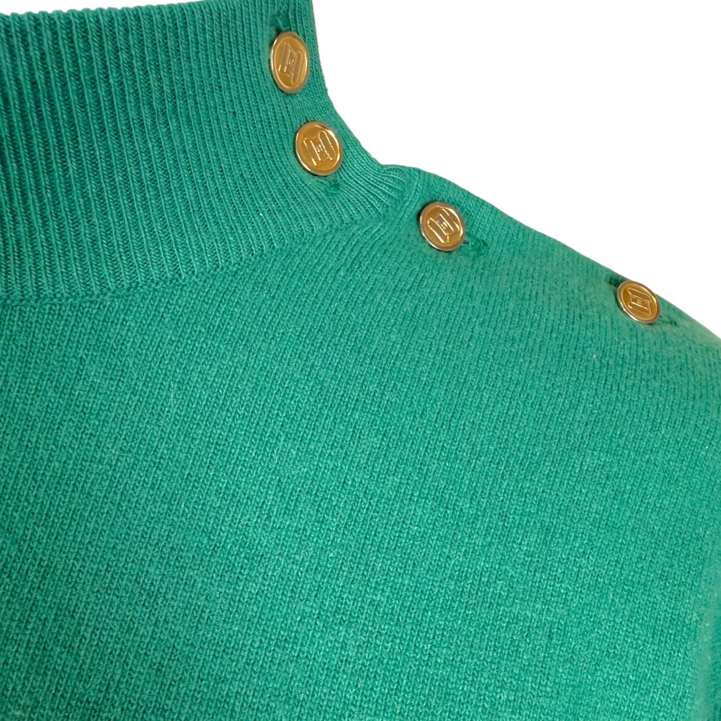 Vintage Chanel Emerald Green Pure Cashmere Mock Neck Sweater with Gold Logo Buttons Size M