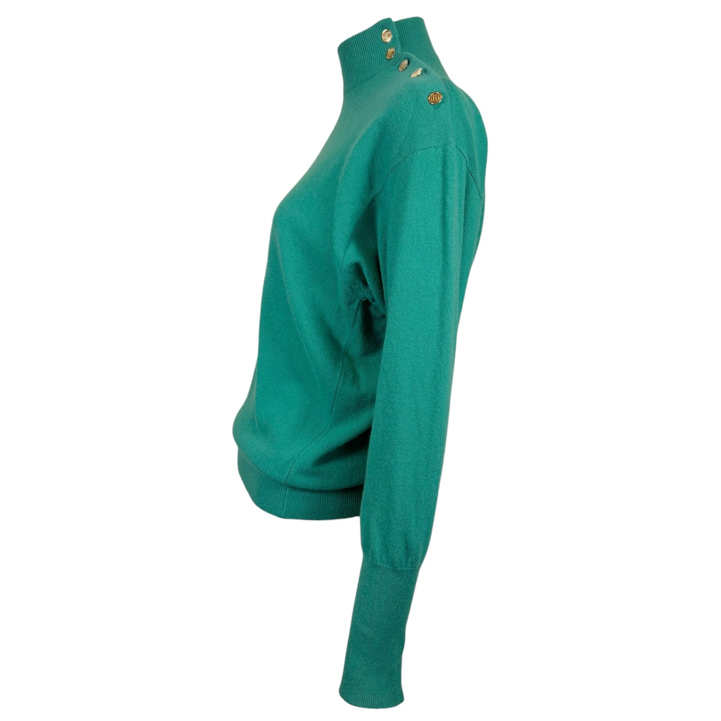 Vintage Chanel Emerald Green Pure Cashmere Mock Neck Sweater with Gold Logo Buttons Size M