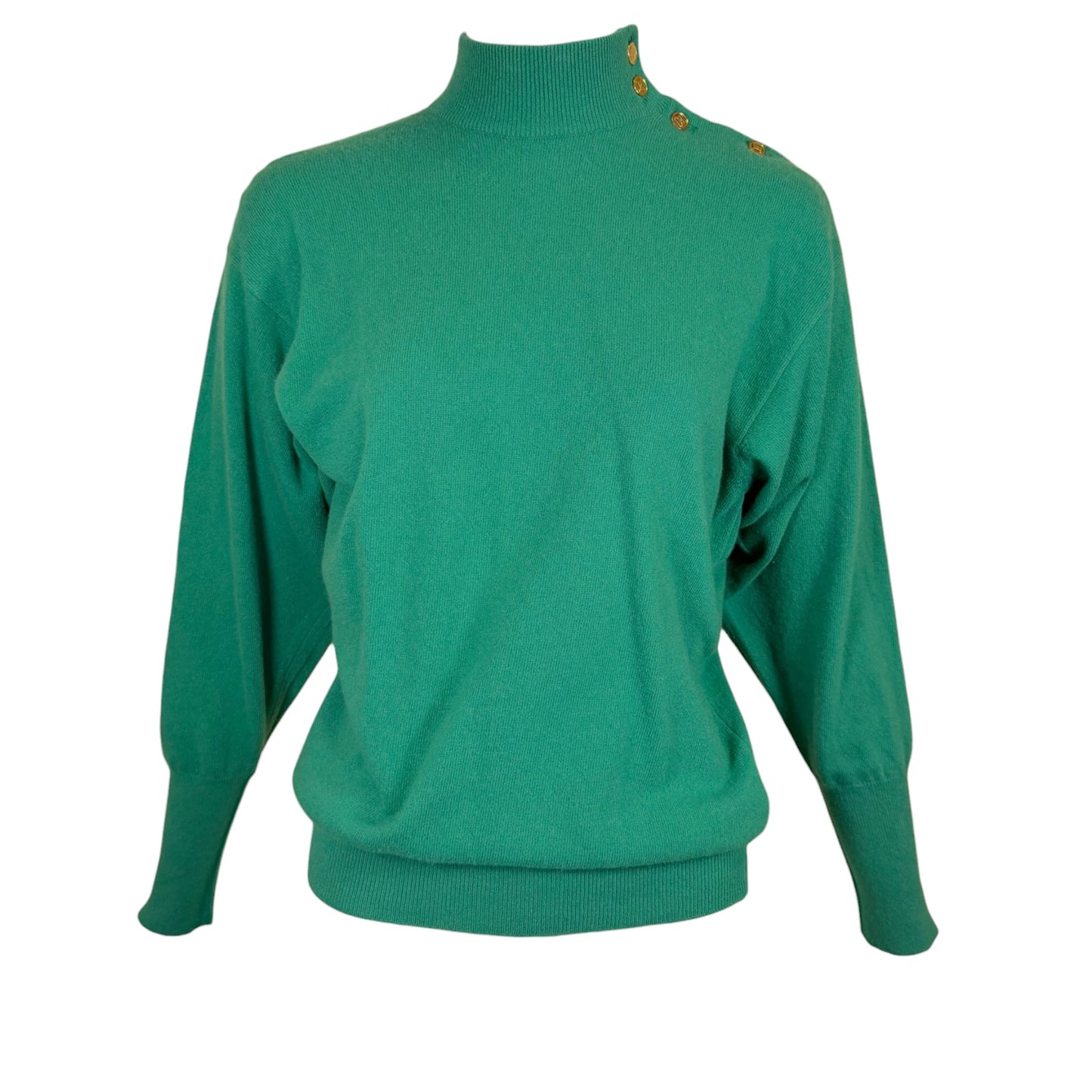 Vintage Chanel Emerald Green Pure Cashmere Mock Neck Sweater with Gold Logo Buttons Size M