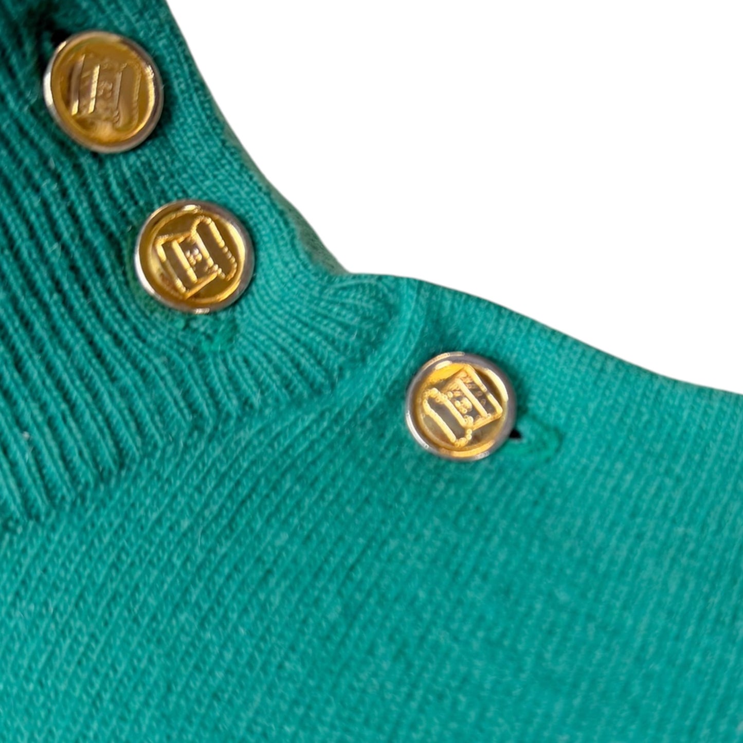 Vintage Chanel Emerald Green Pure Cashmere Mock Neck Sweater with Gold Logo Buttons Size M