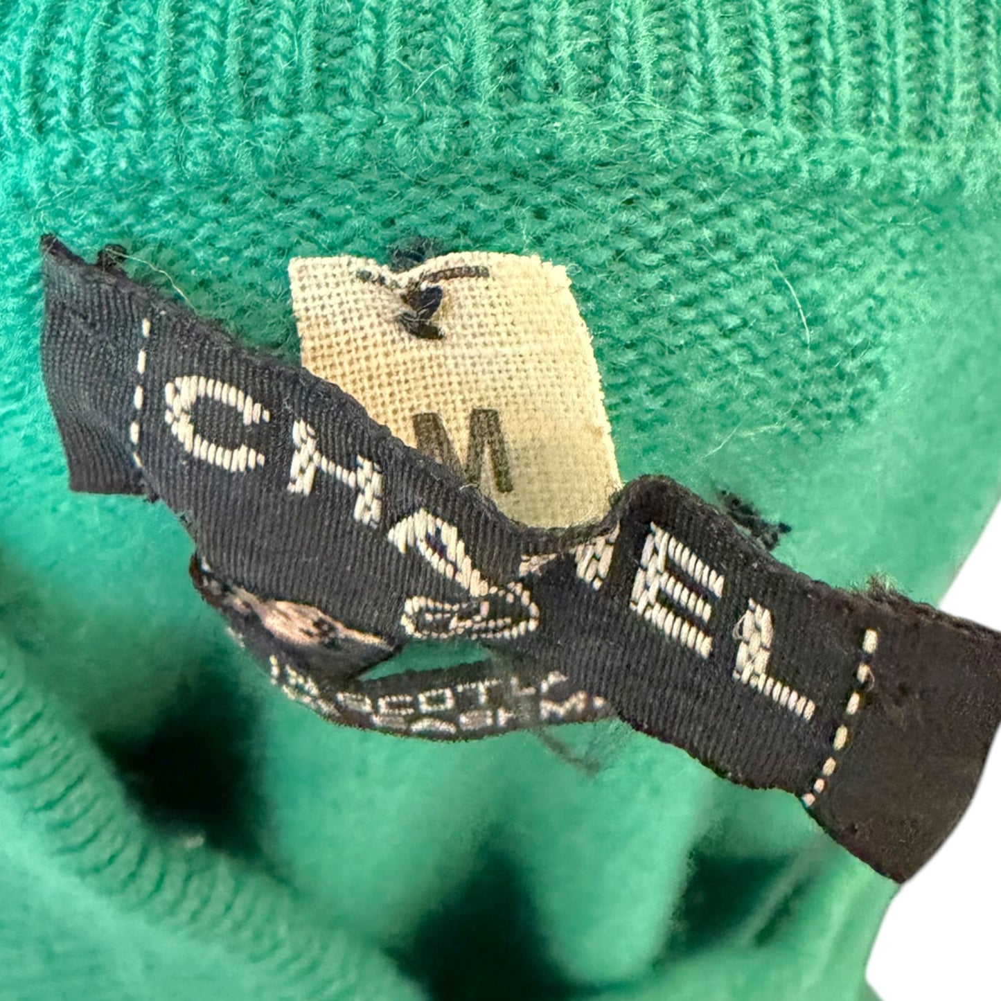 Vintage Chanel Emerald Green Pure Cashmere Mock Neck Sweater with Gold Logo Buttons Size M