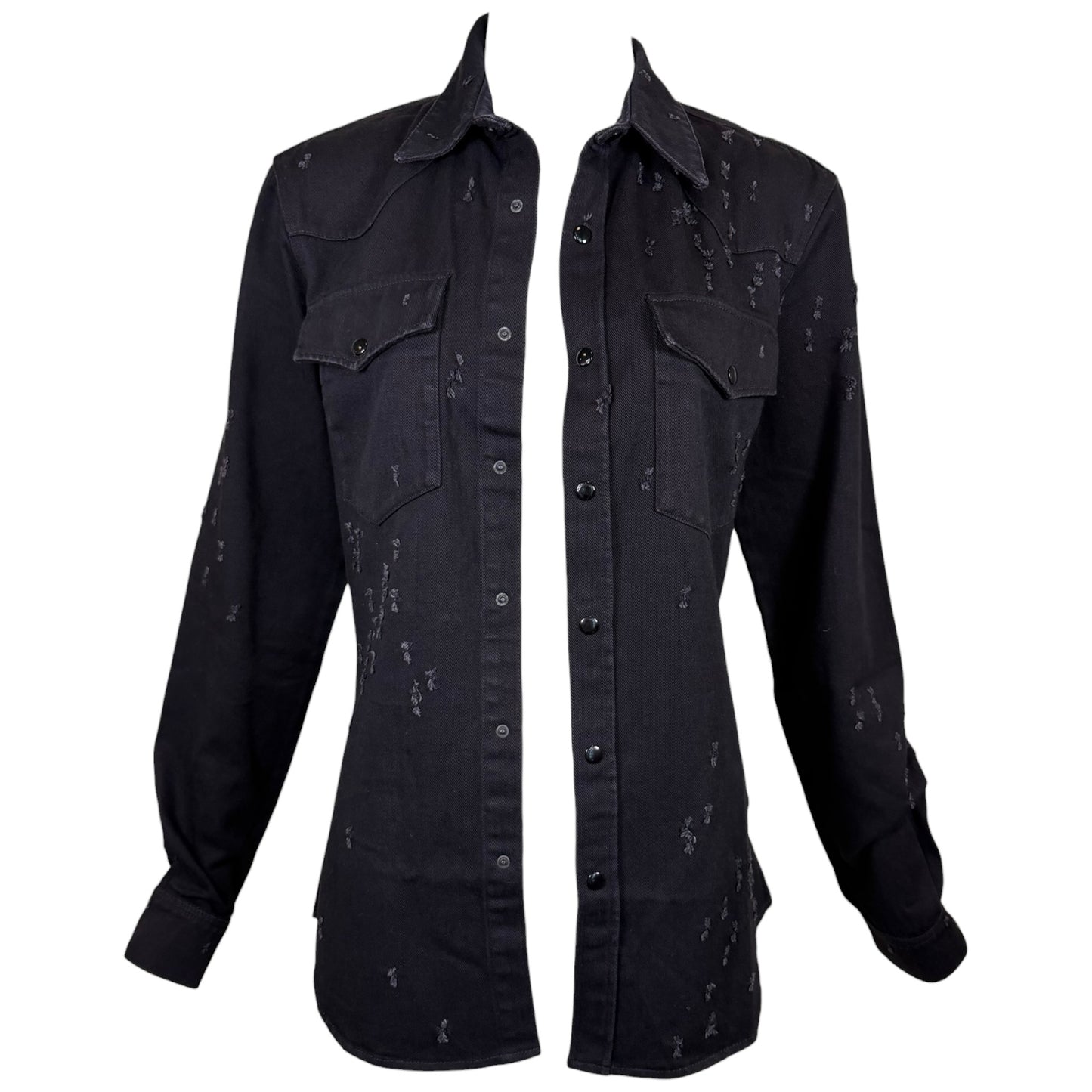 Givenchy black distressed denim Western snap button-up shirt, size small, back view