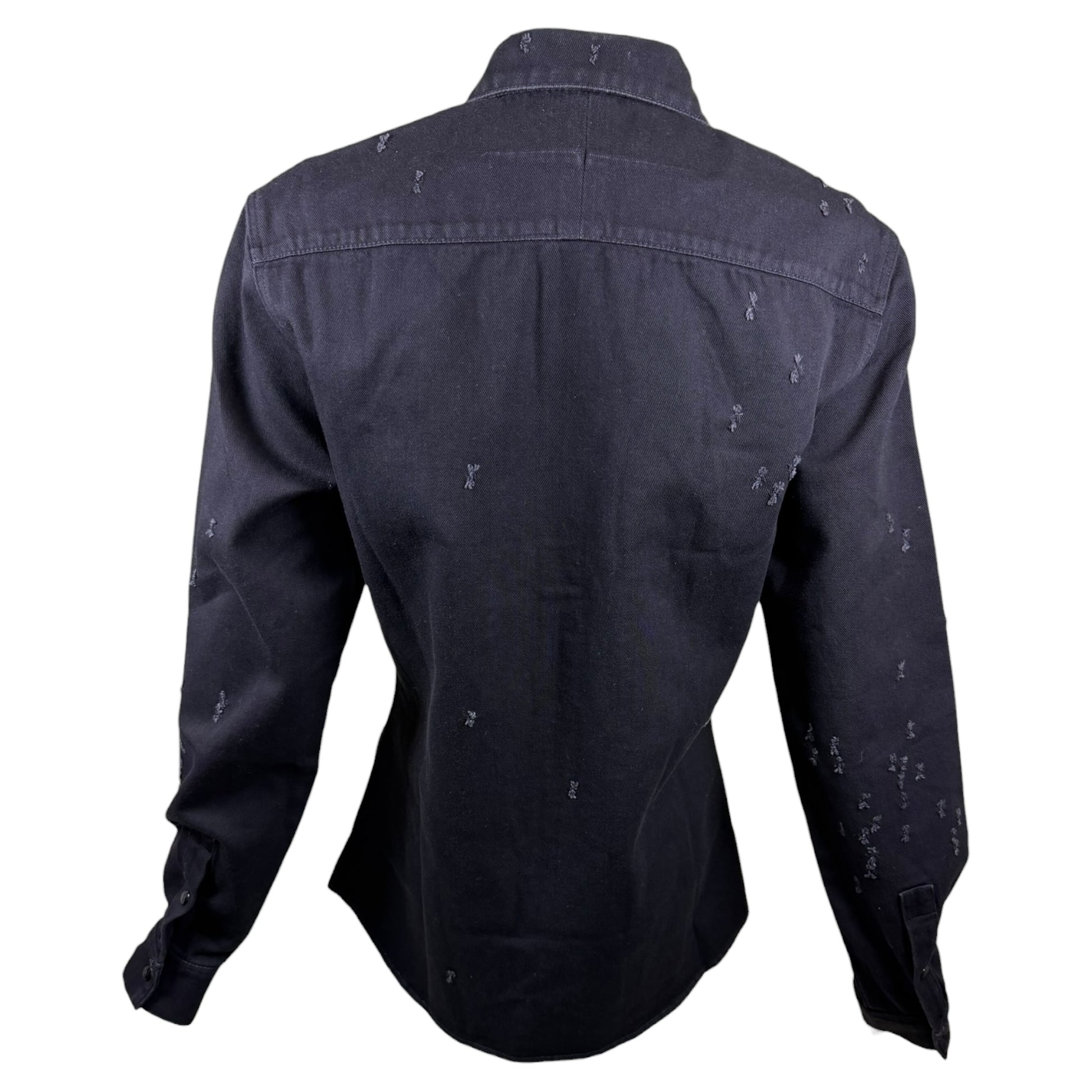Givenchy black distressed denim Western shirt, distressing detail close-up