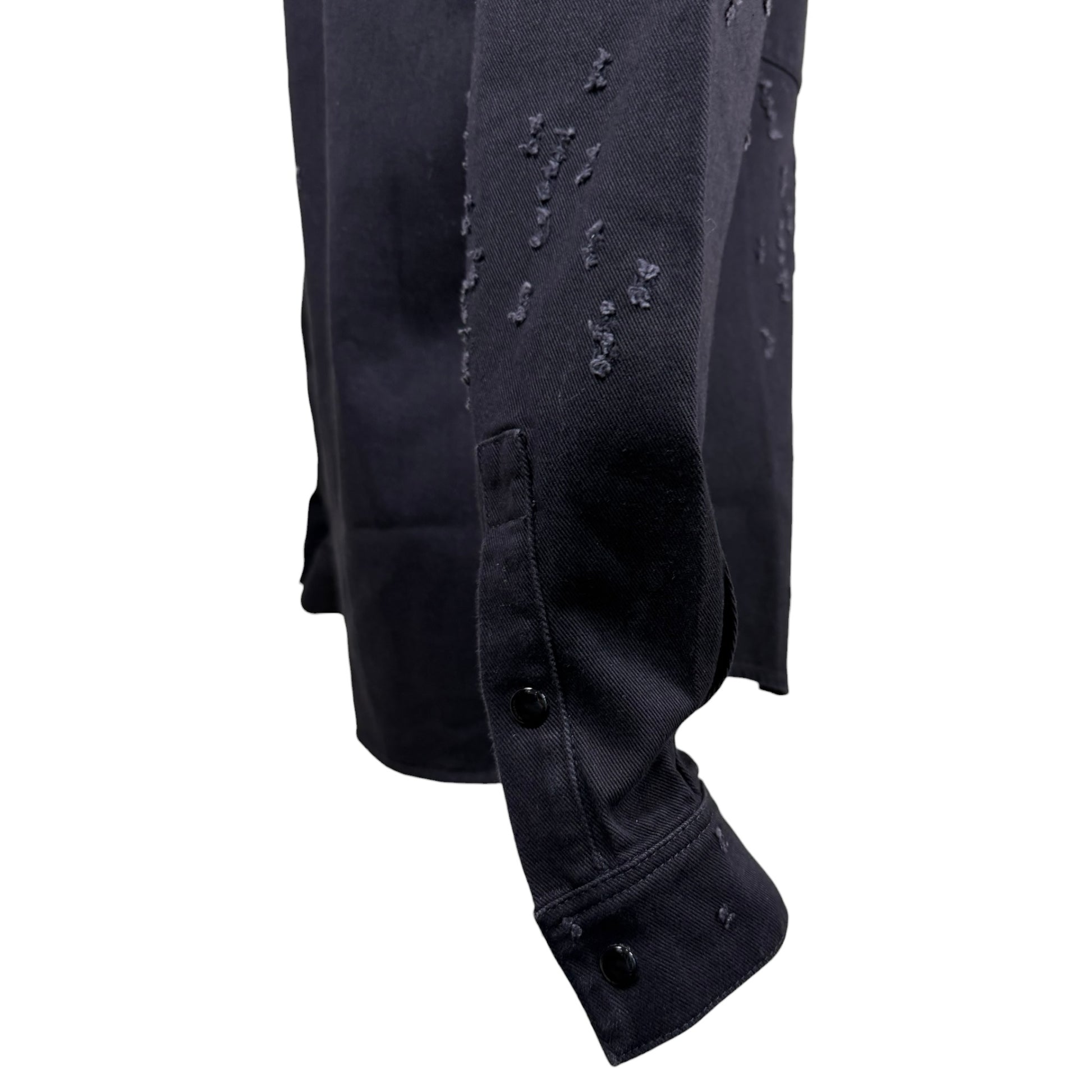 Givenchy black distressed denim Western shirt, snap button detail close-up