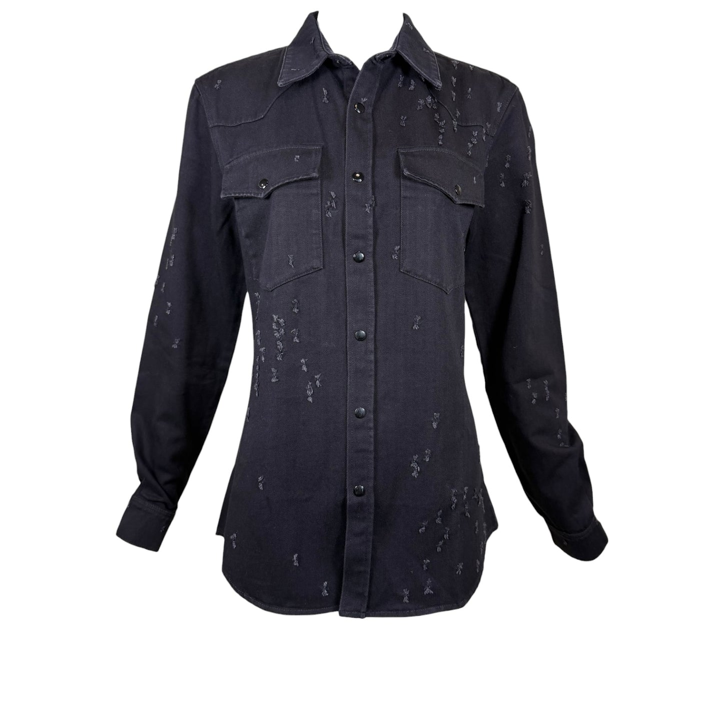 Givenchy Black Distressed Denim Western Snap Button-Up Shirt Size Small