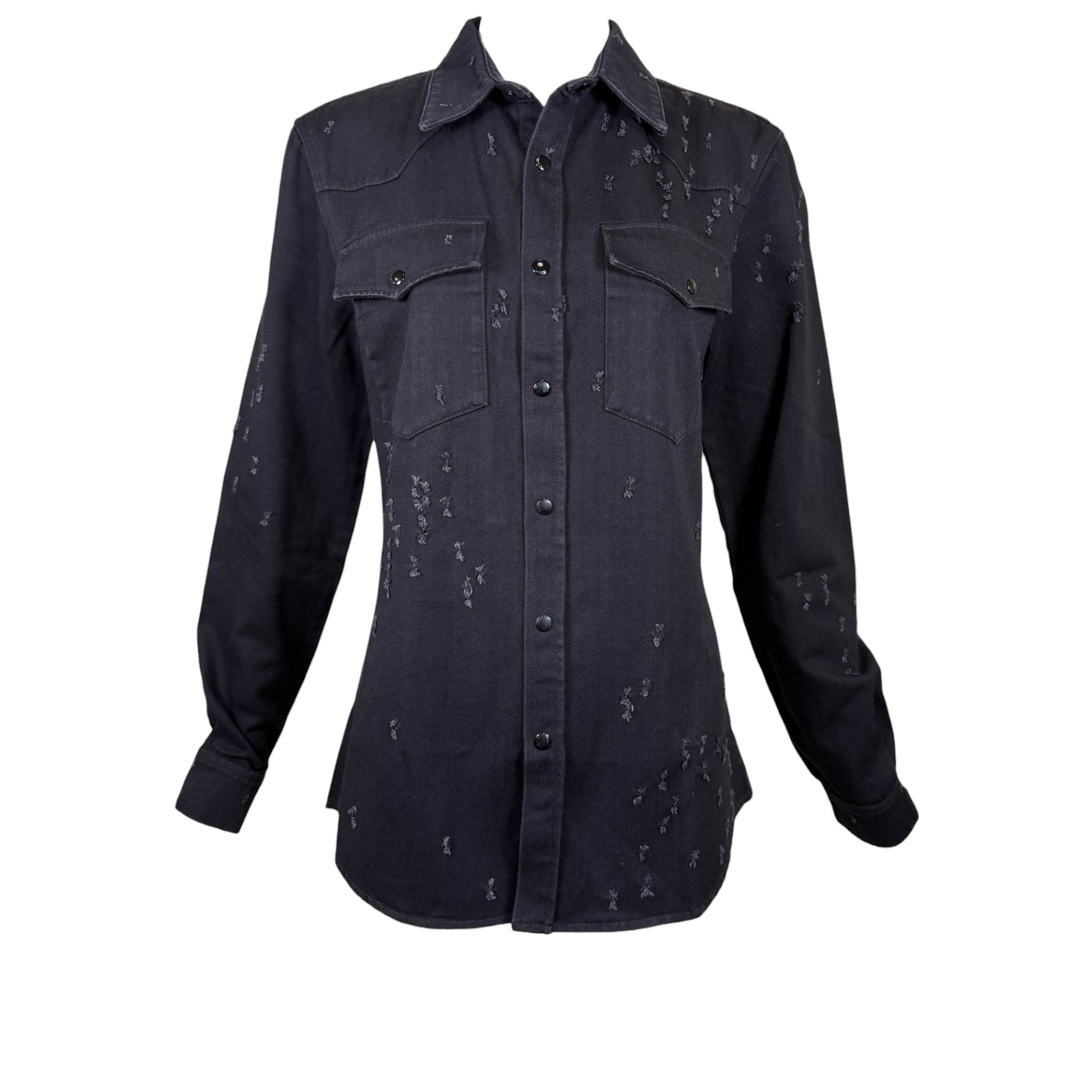 Givenchy Black Distressed Denim Western Snap Button-Up Shirt Size Small
