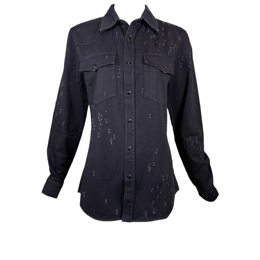 Givenchy Black Distressed Denim Western Snap Button-Up Shirt Size Small